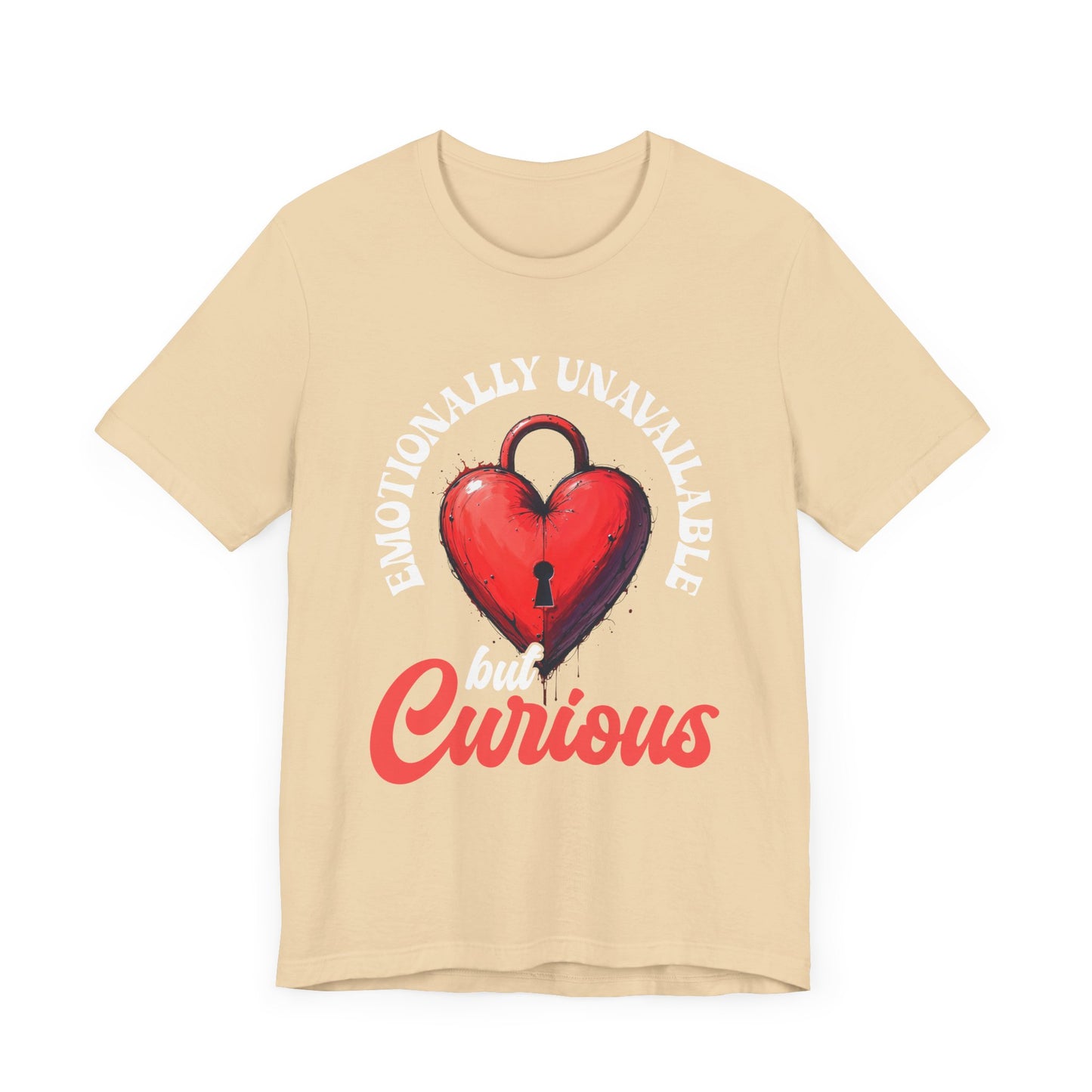Emotionally Unavailable But Curious – Red Heart Lock Graphic T-Shirt