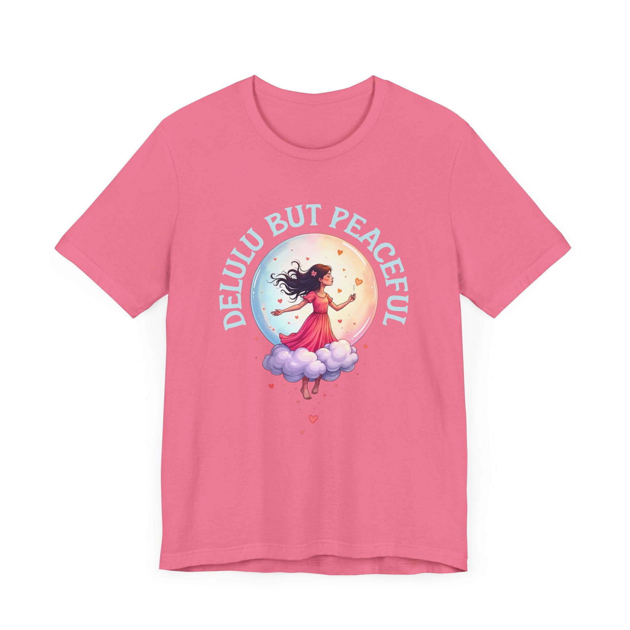 Delulu But Peaceful – Blissfully Unrealistic Floating Girl with Moon & Hearts Graphic T-Shirt