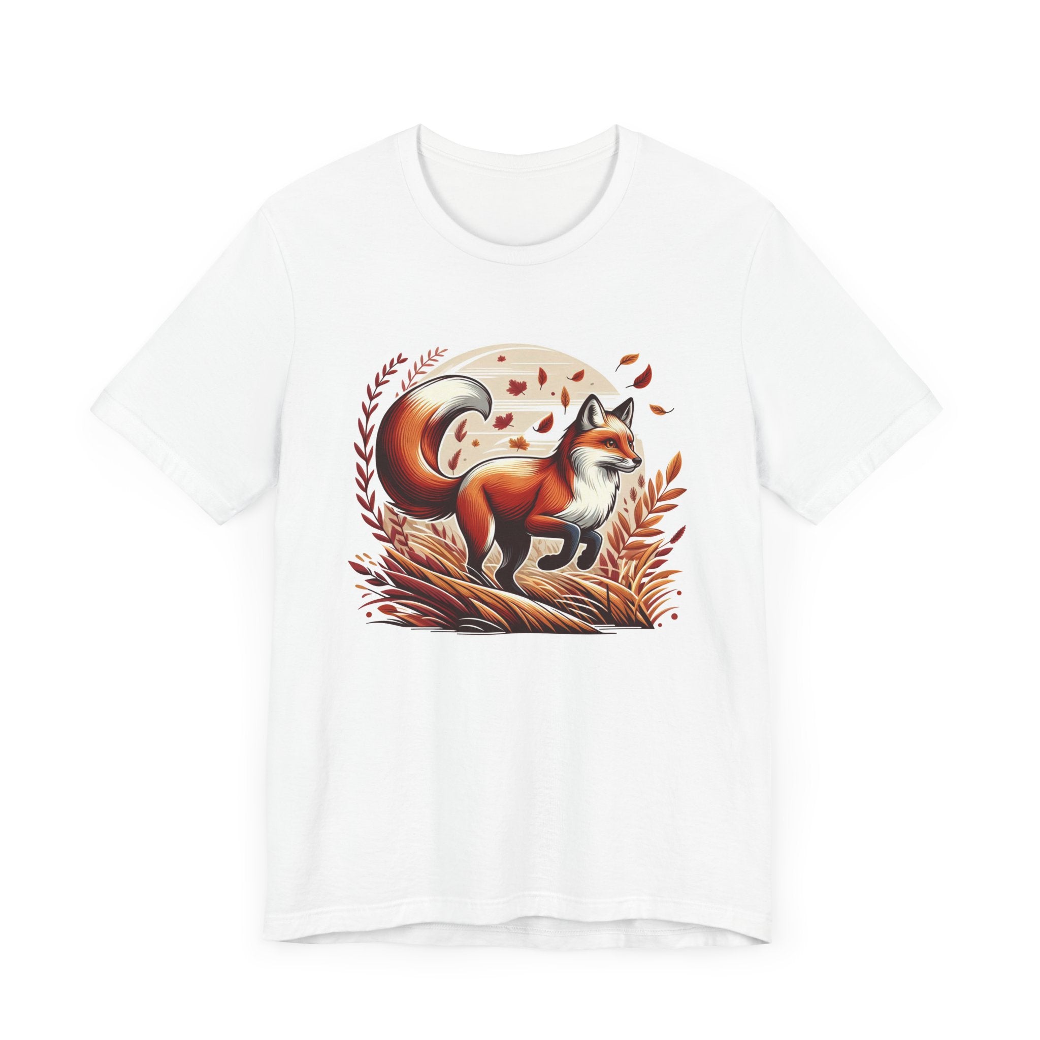 Grace and Agility - Elegant Fox Leaping in Grain Field with Flying Leaves Graphic T-Shirt