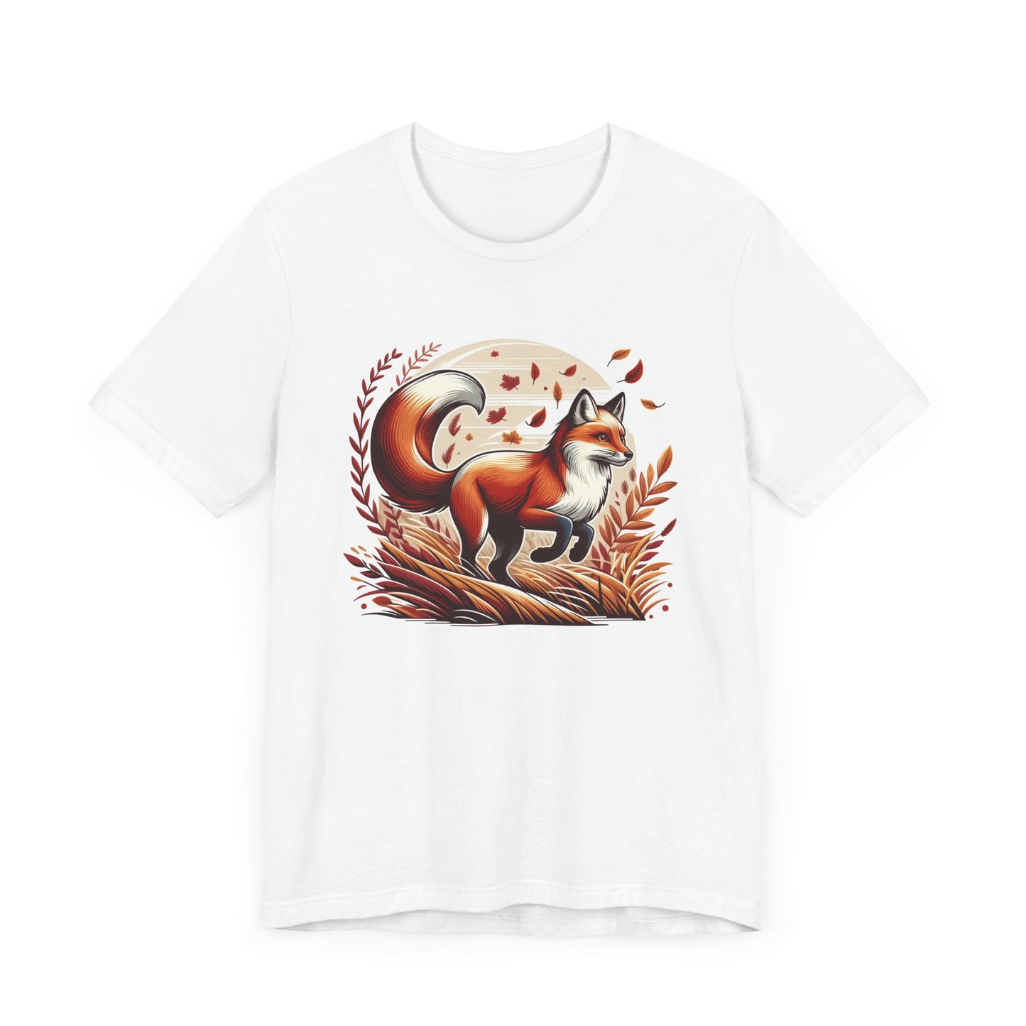 Grace and Agility - Elegant Fox Leaping in Grain Field with Flying Leaves Graphic T-Shirt