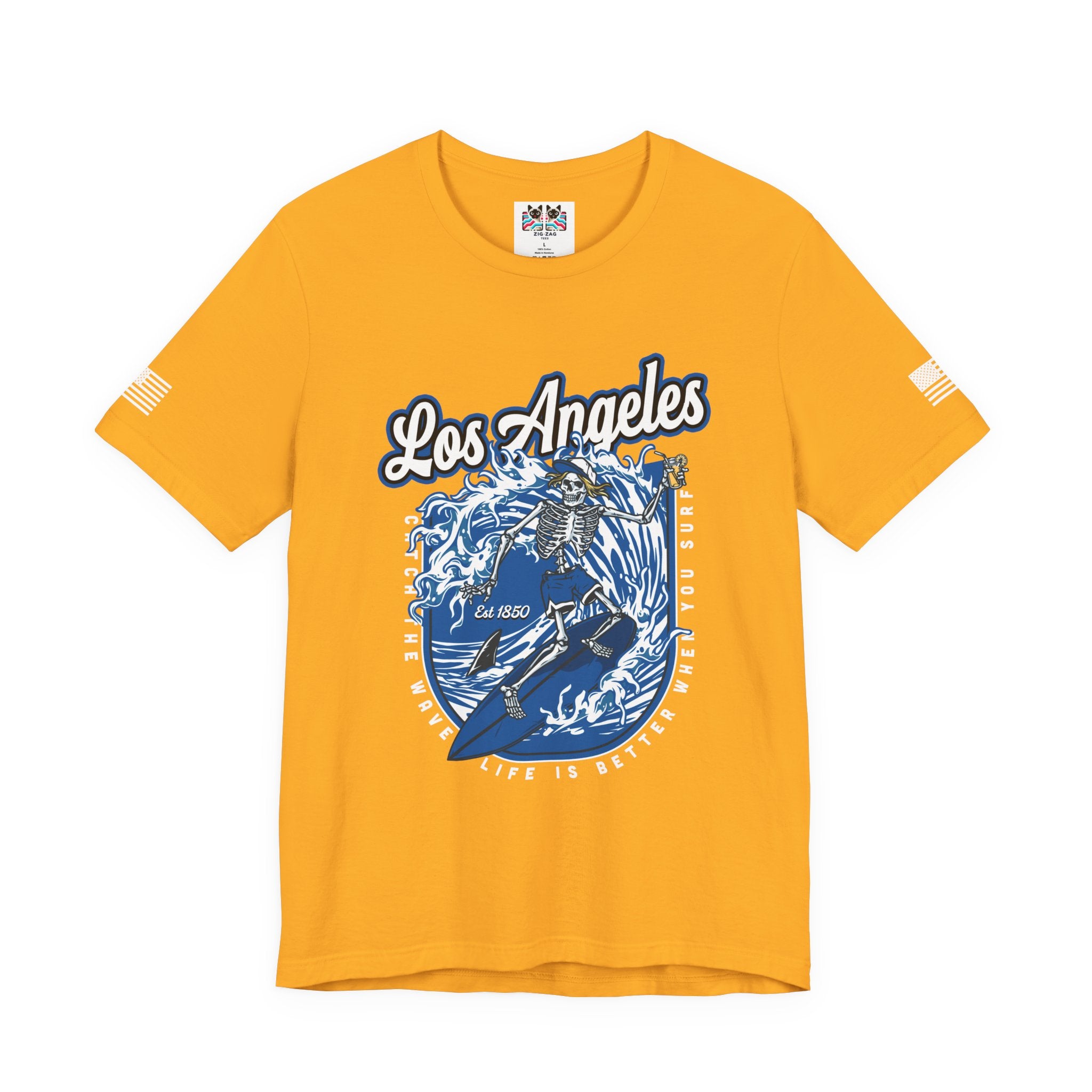 Los Angeles Skeleton Surfer T-Shirt – Life Is Better When You Surf CA EST 1850 Tee
