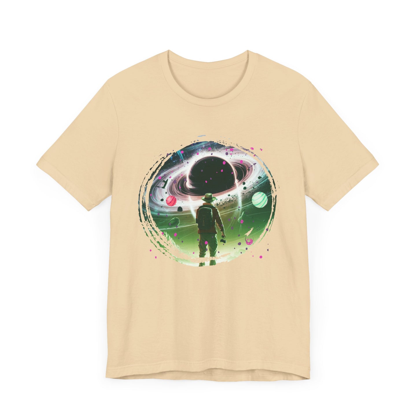 Shocked Traveler & Dramatic Planets | Backpacker Gazing at Planets Graphic T-Shirt