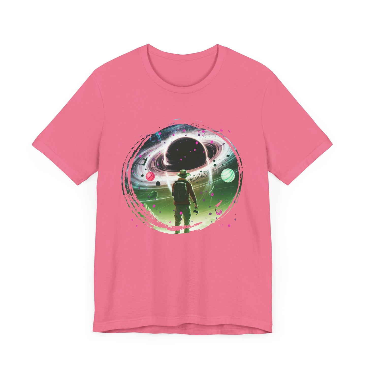 Shocked Traveler & Dramatic Planets | Backpacker Gazing at Planets Graphic T-Shirt