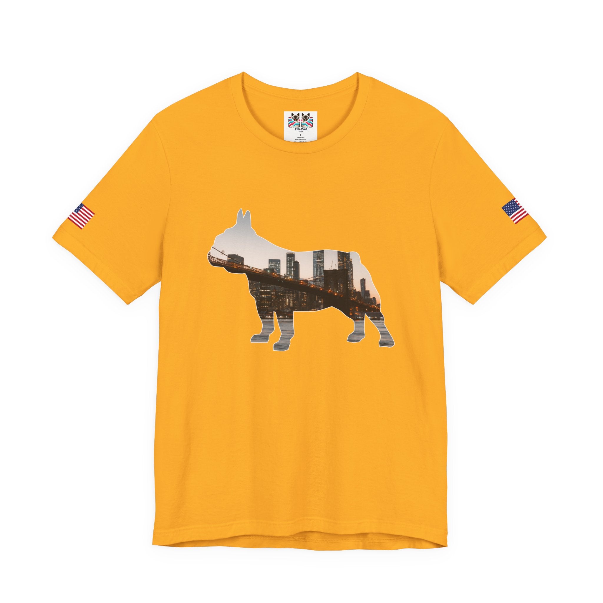 NYC Dog Silhouette T-Shirt - New York City Skyline in French Bulldog Shape Brooklyn Bridge
