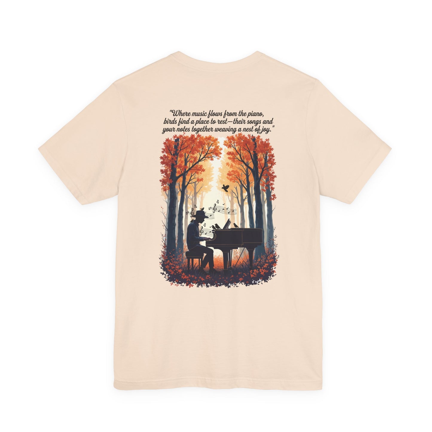 Music & Nature Harmony T-Shirt – Grand Piano in Autumn Forest Scene [Black Text]
