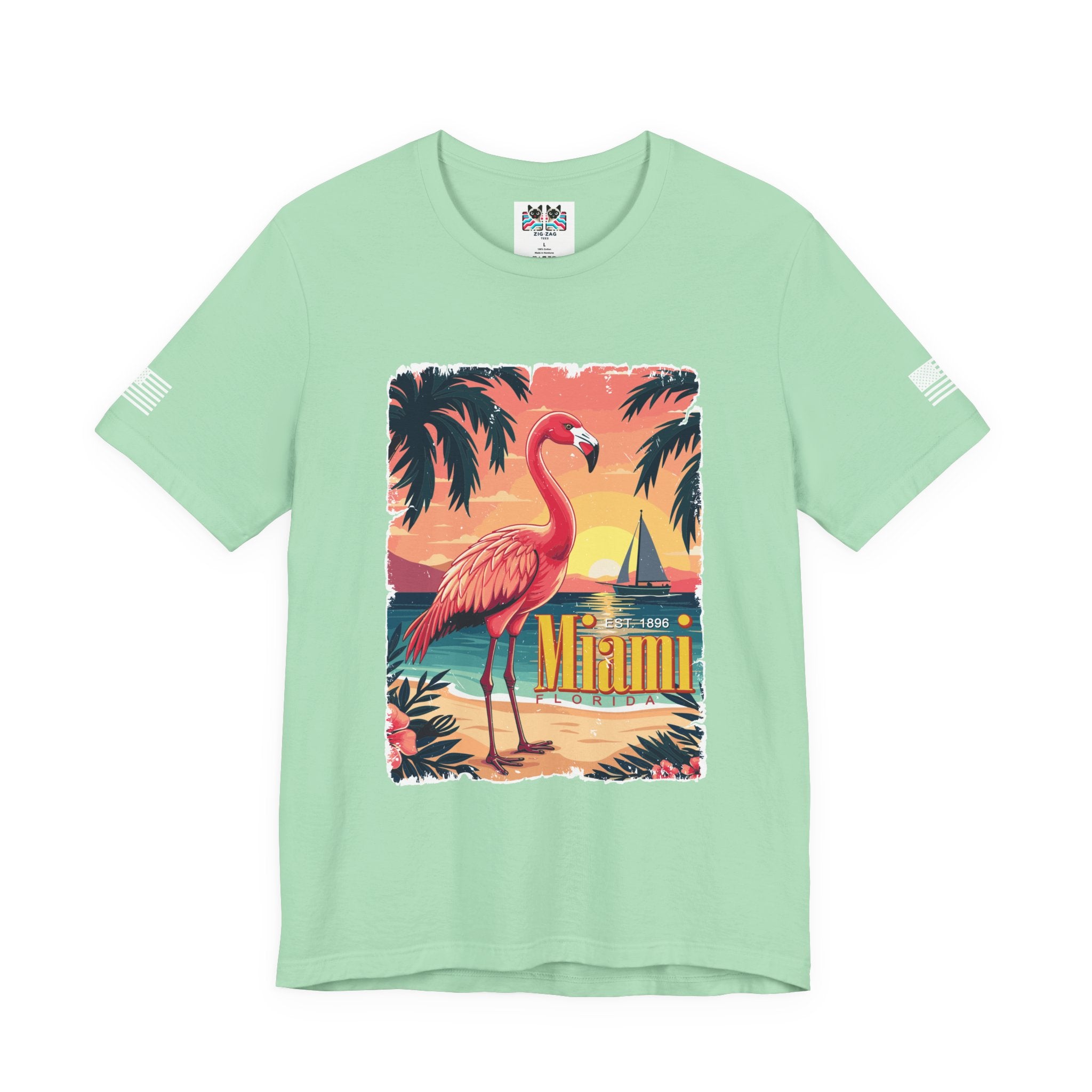 Miami Florida EST 1896 T-Shirt – Flamingo Vintage Travel Poster Beach Sunset Tee