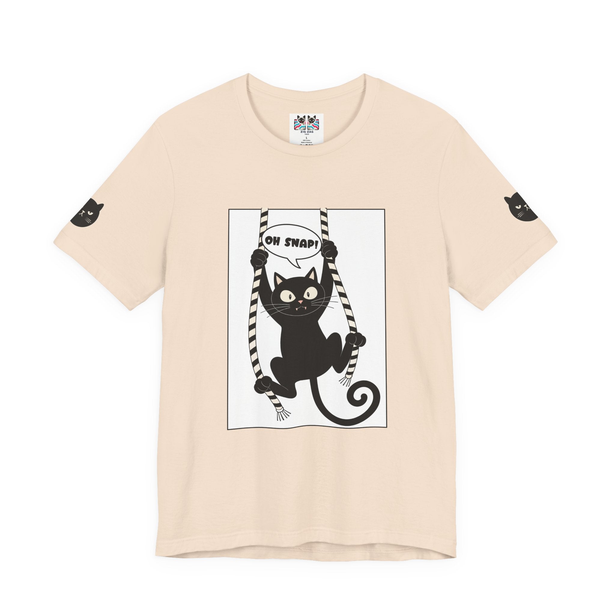 Oh Snap Funny Cat T-Shirt – Cat Hanging from Blinds Mischievous Kitten Humor Graphic Tee