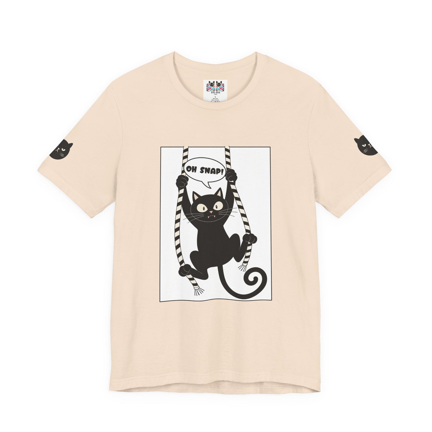 Oh Snap Funny Cat T-Shirt – Cat Hanging from Blinds Mischievous Kitten Humor Graphic Tee