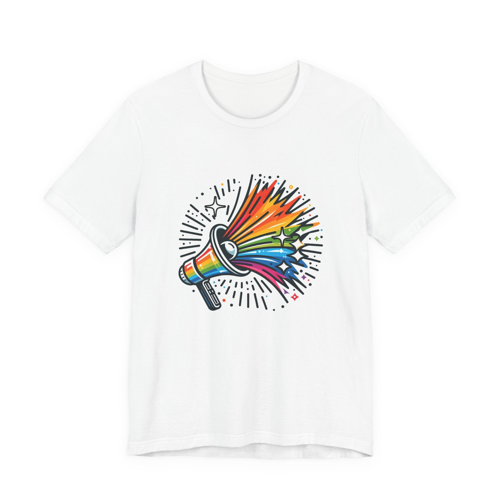 Proud & Loud – Colorful Handheld Speaker with Exploding Stars Graphic T-Shirt