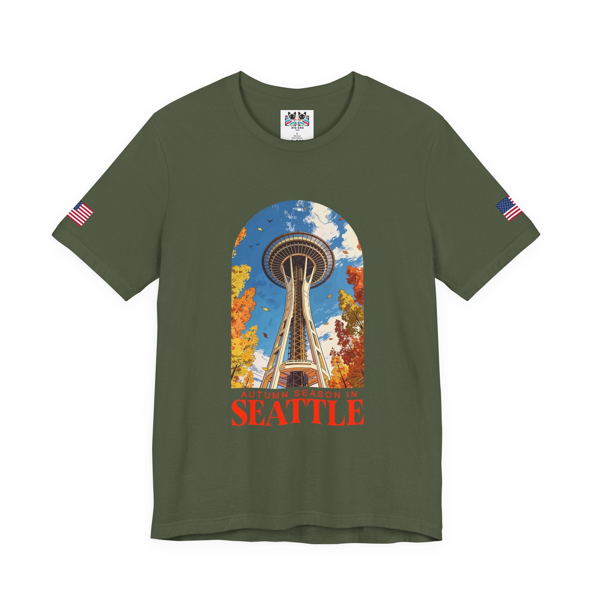 Autumn Season in Seattle Space Needle Fall Foliage T-Shirt | Seattle Fall Graphic Tee | Space Needle Seasonal Shirt