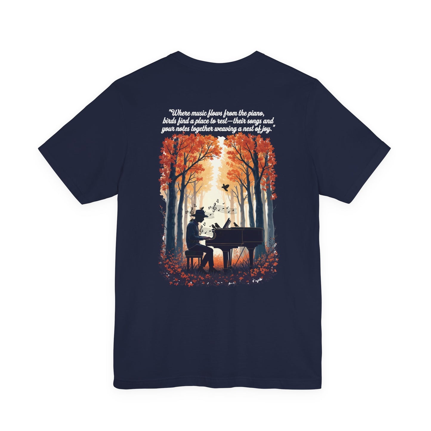 Music & Nature Harmony T-Shirt – Grand Piano in Autumn Forest Scene [White Text]