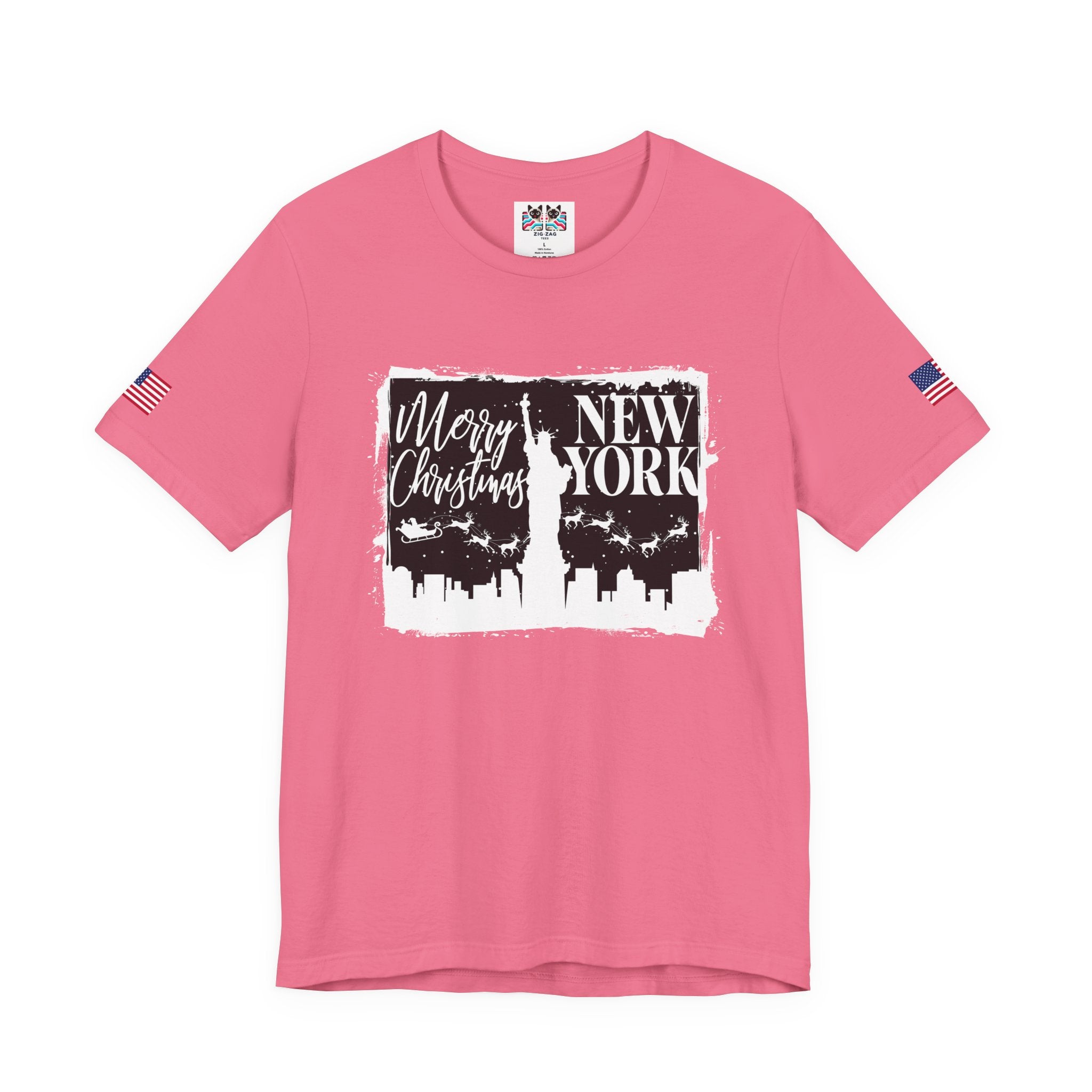 Merry Christmas New York T-Shirt - NYC Holiday Skyline with Santa & Statue of Liberty