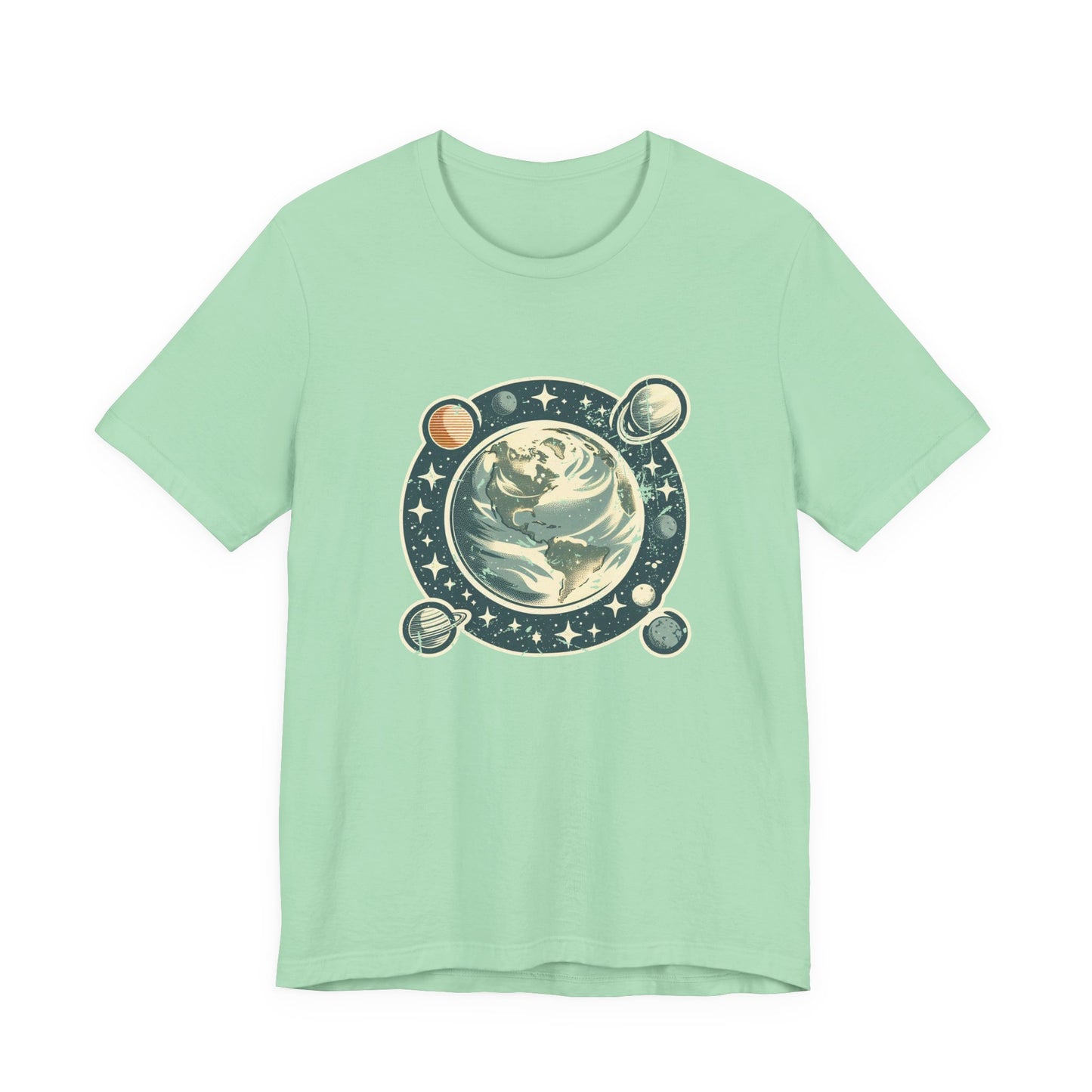 Earth Was Cool Tshirt – Gray Earth with Circular Planets and Stars Design