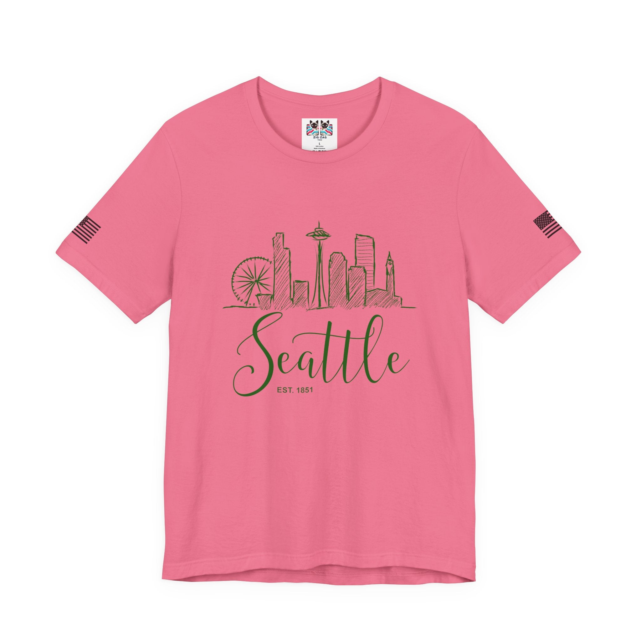 Seattle EST 1851 Hand-Drawn Sketch Skyline Script T-Shirt | Seattle Souvenir Tee | Space Needle Great Wheel Shirt