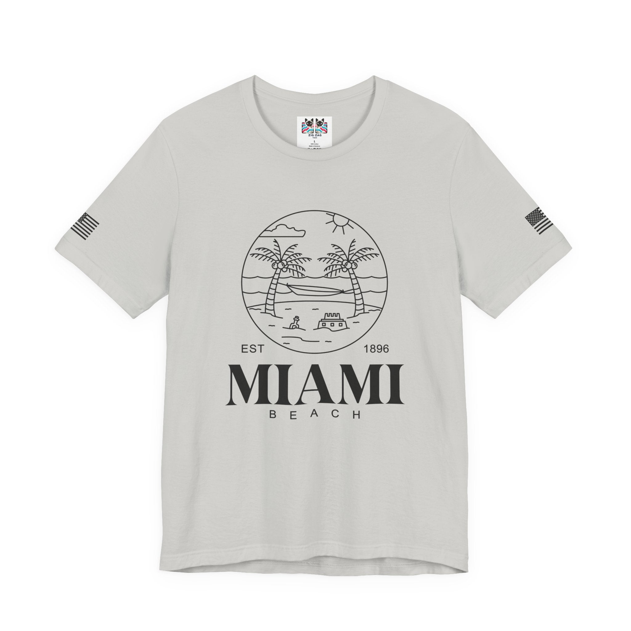 Miami Beach EST 1896 T-Shirt – Circle Line Art Badge Hammock Palm Tree Graphic Tee