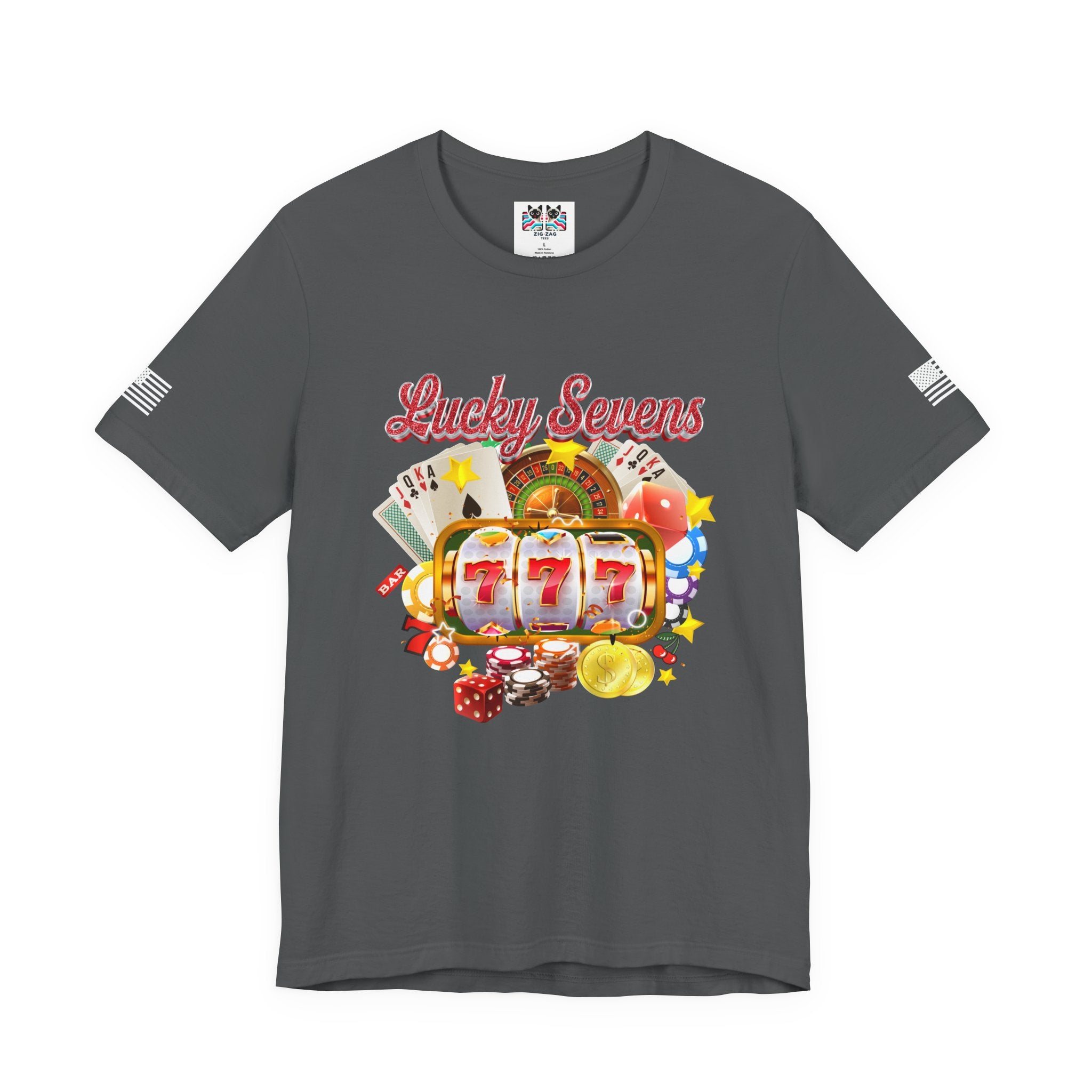 Lucky Sevens Casino T-Shirt – 777 Slot Machine Roulette Poker Chips Vegas Tee