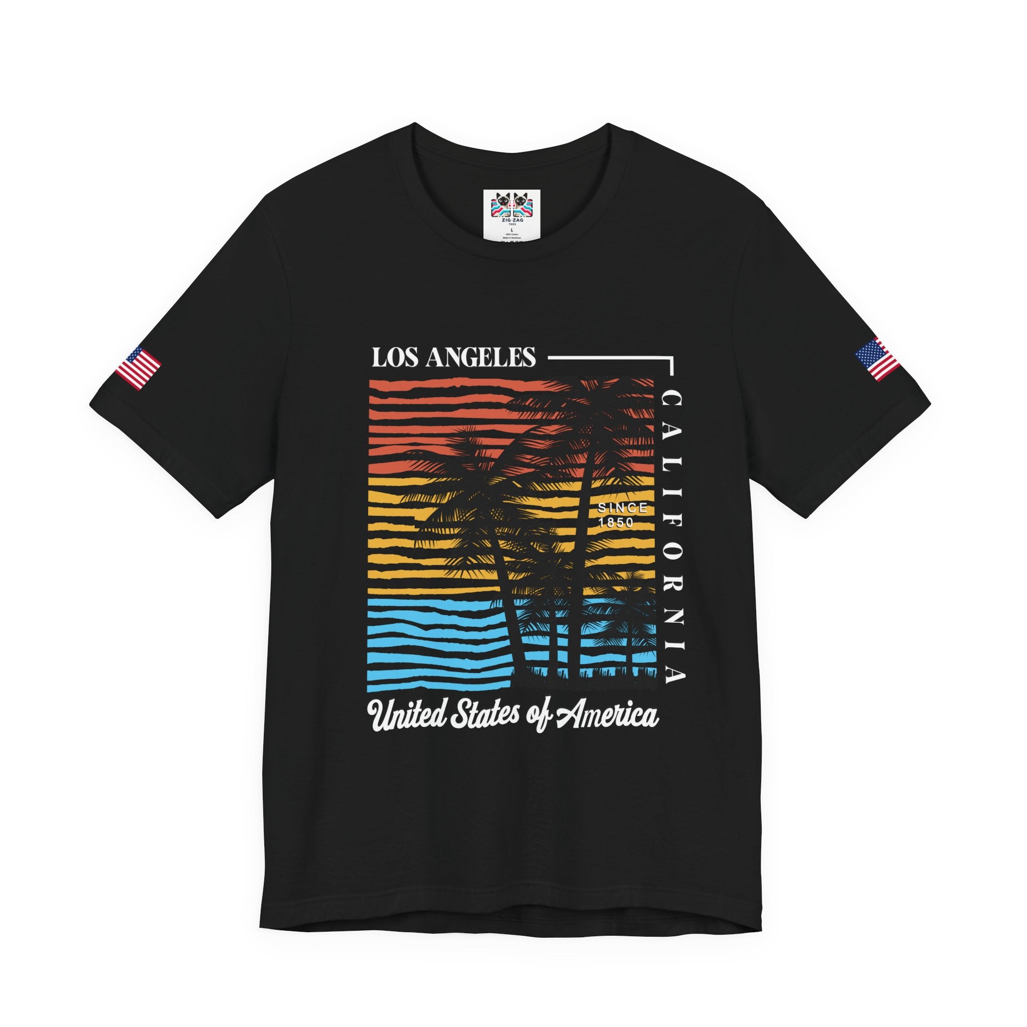 Los Angeles California Since 1850 T-Shirt – Colorful Striped Sunset Palm Tree USA Tee