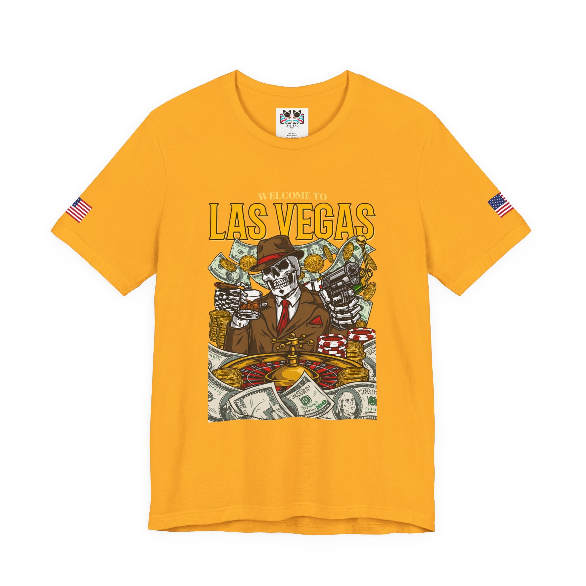 Welcome to Las Vegas Skeleton Gangster T-Shirt – Skull Casino Roulette Graphic Tee