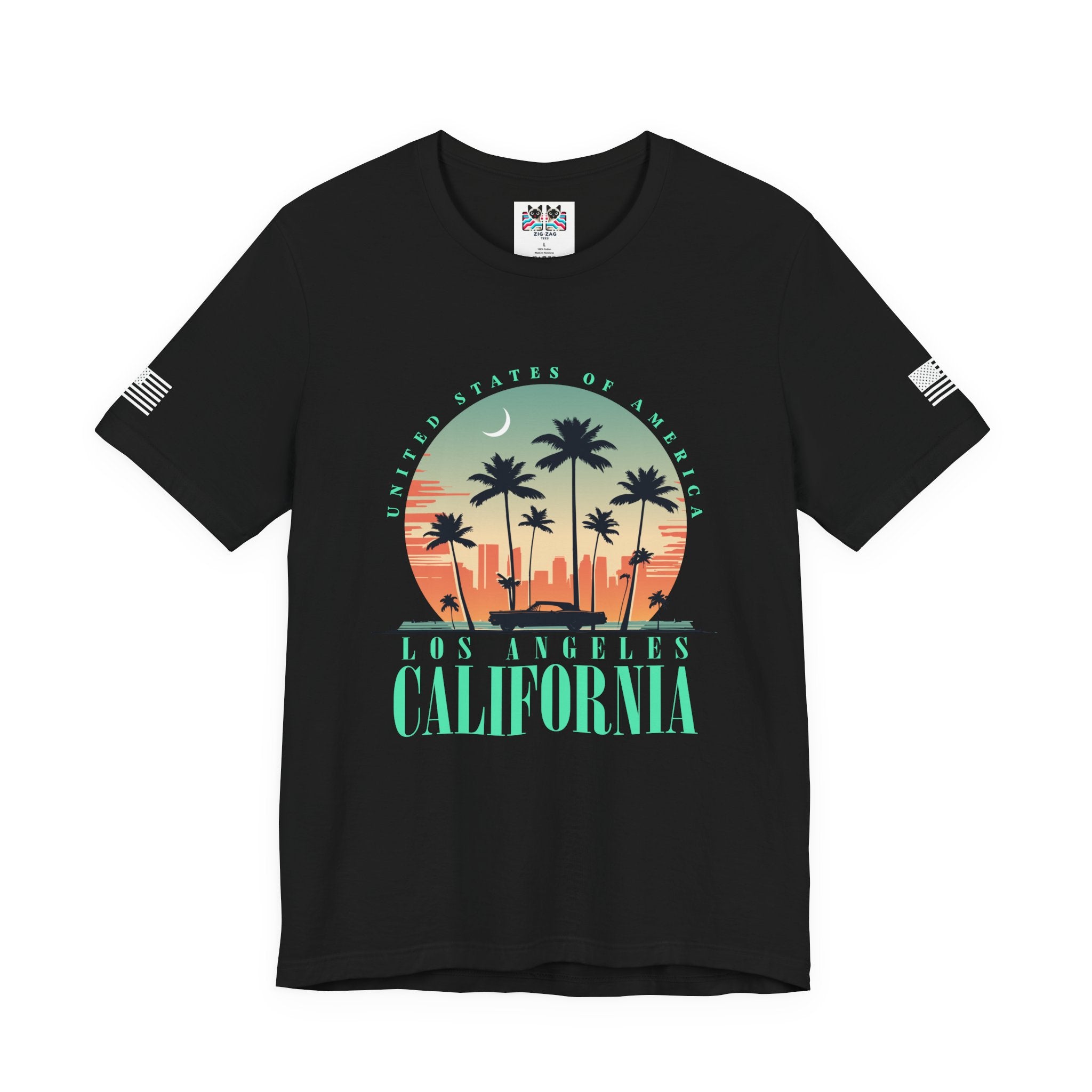 Los Angeles California USA T-Shirt – Retro Moon Crescent Palm Tree Classic Car Tee