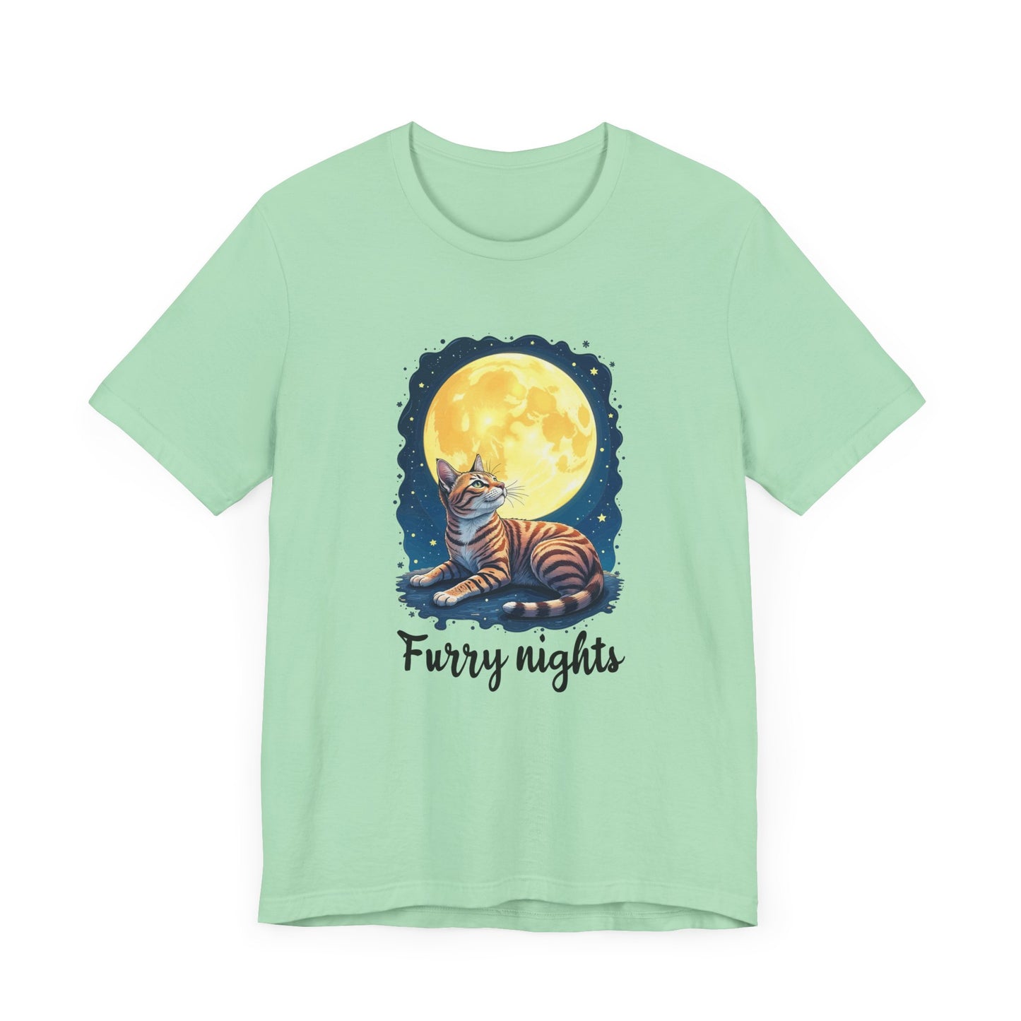 Moon Bath  - Furry Nights – Cat Watching Full Moon and Starry Sky Graphic T-Shirt