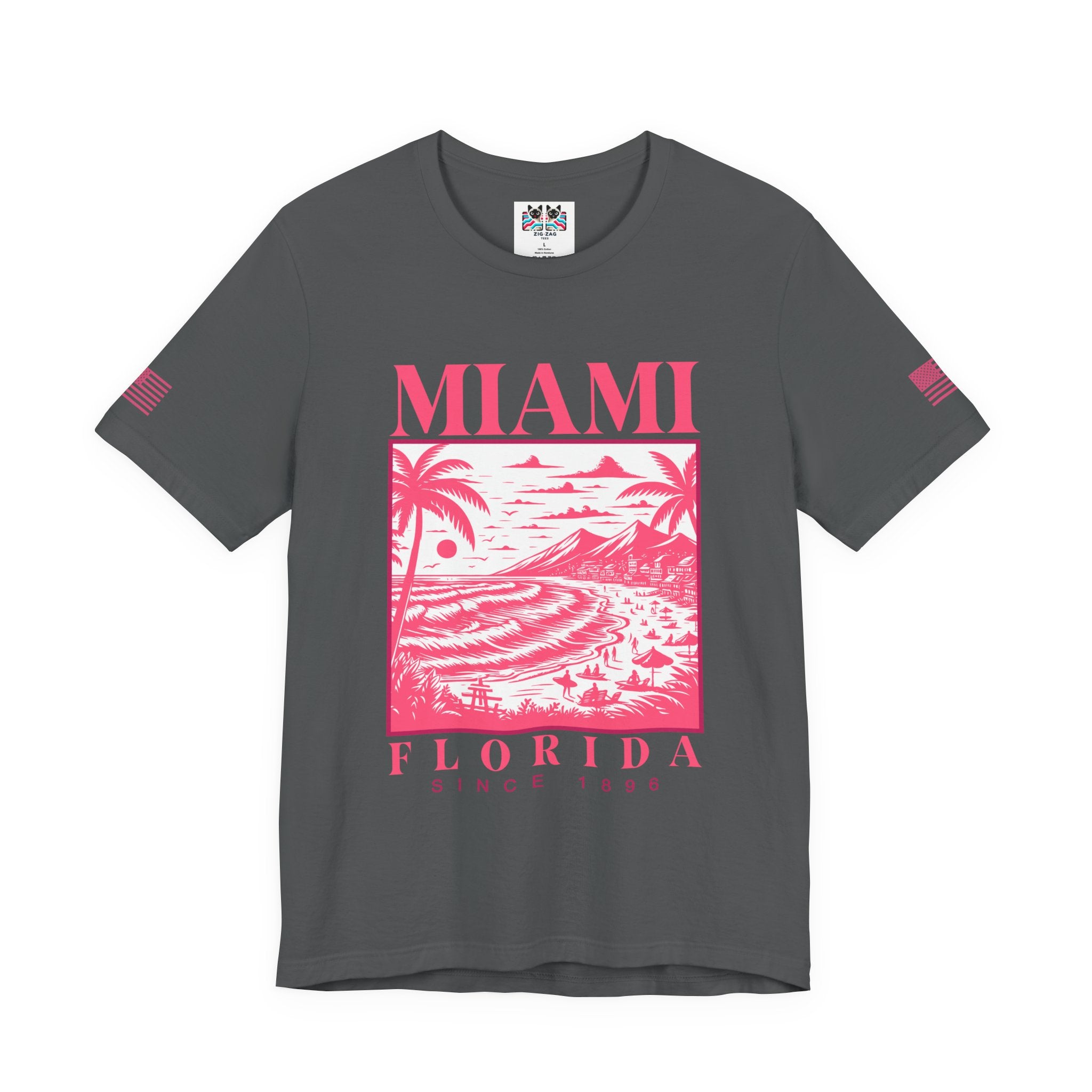 Miami Florida Since 1896 T-Shirt – Engraving Style Beach Scene Palm Tree Graphic Tee
