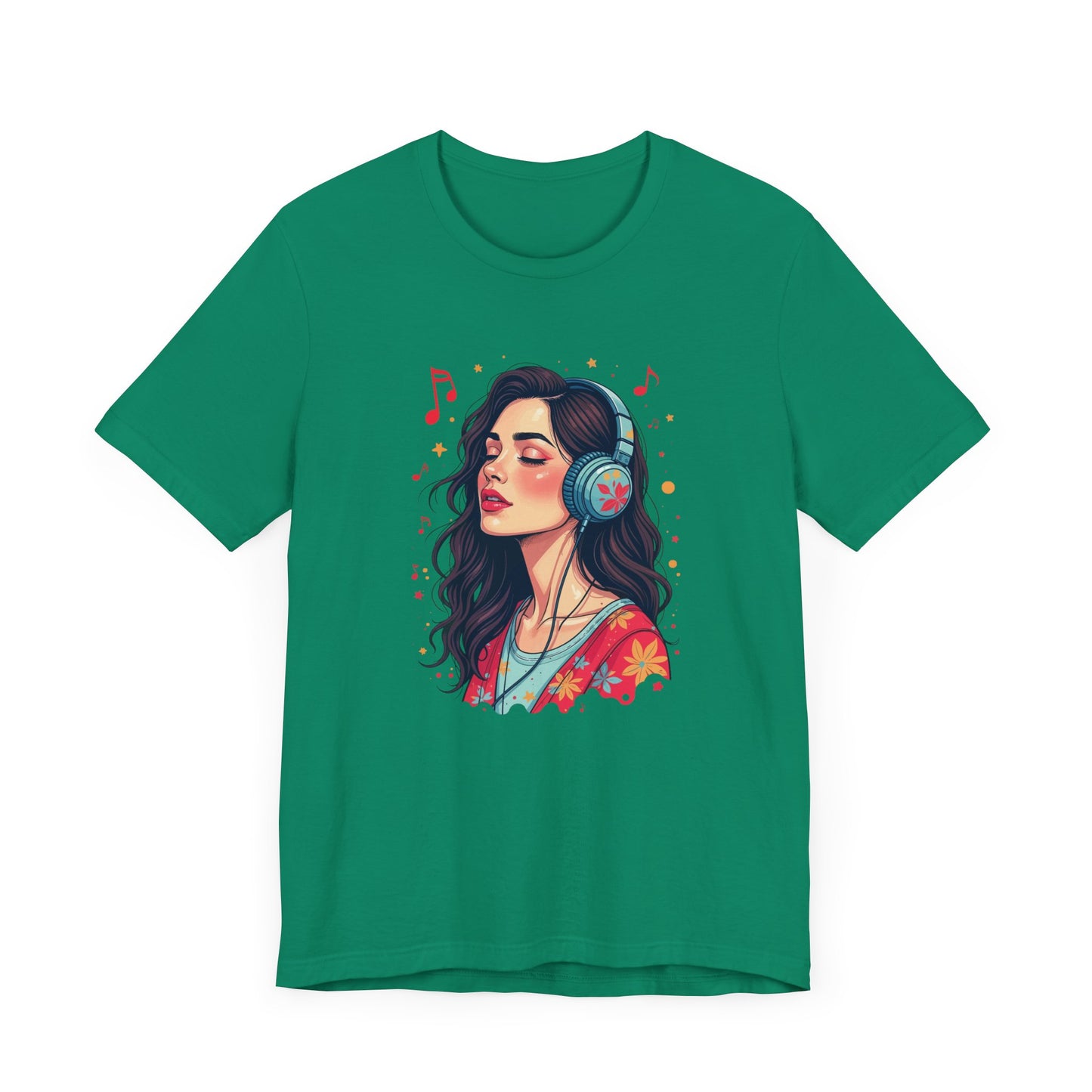 Quietly Loud – Woman with Headphones, Leaf Pattern Dress & Expressive Music Notes Graphic T-Shirt