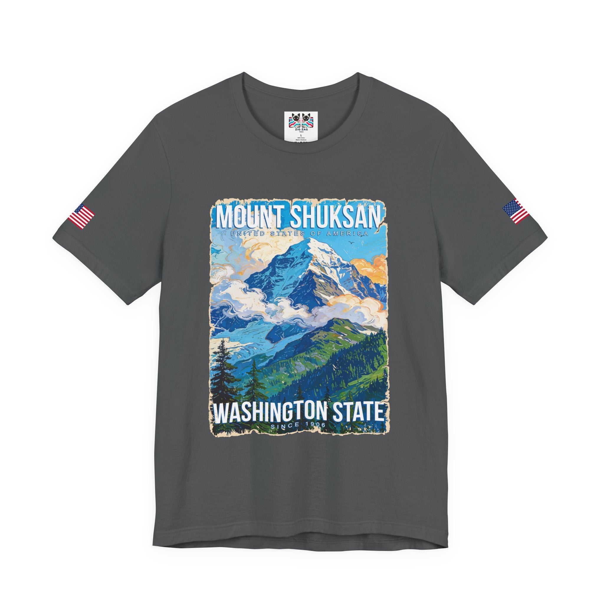 Mount Shuksan Washington State Since 1906 Colorful Mountain Poster T-Shirt | North Cascades Souvenir Tee | PNW Shirt