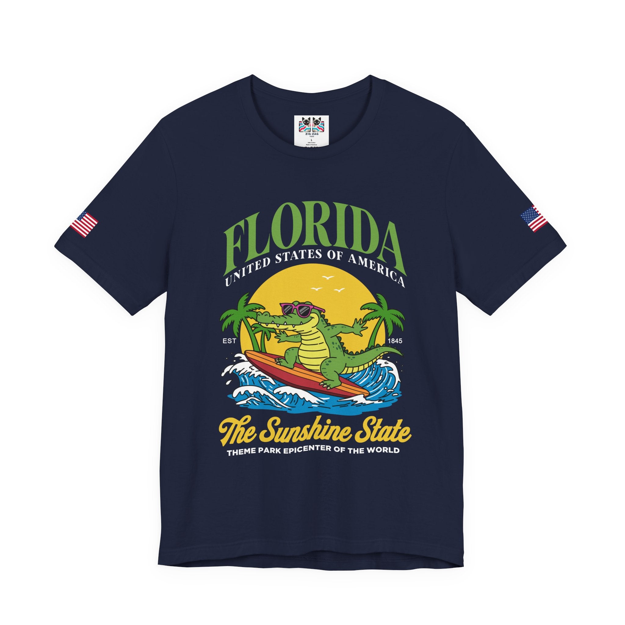 Florida Sunshine State T-Shirt – Surfing Alligator EST 1845 Theme Park Epicenter USA Tee