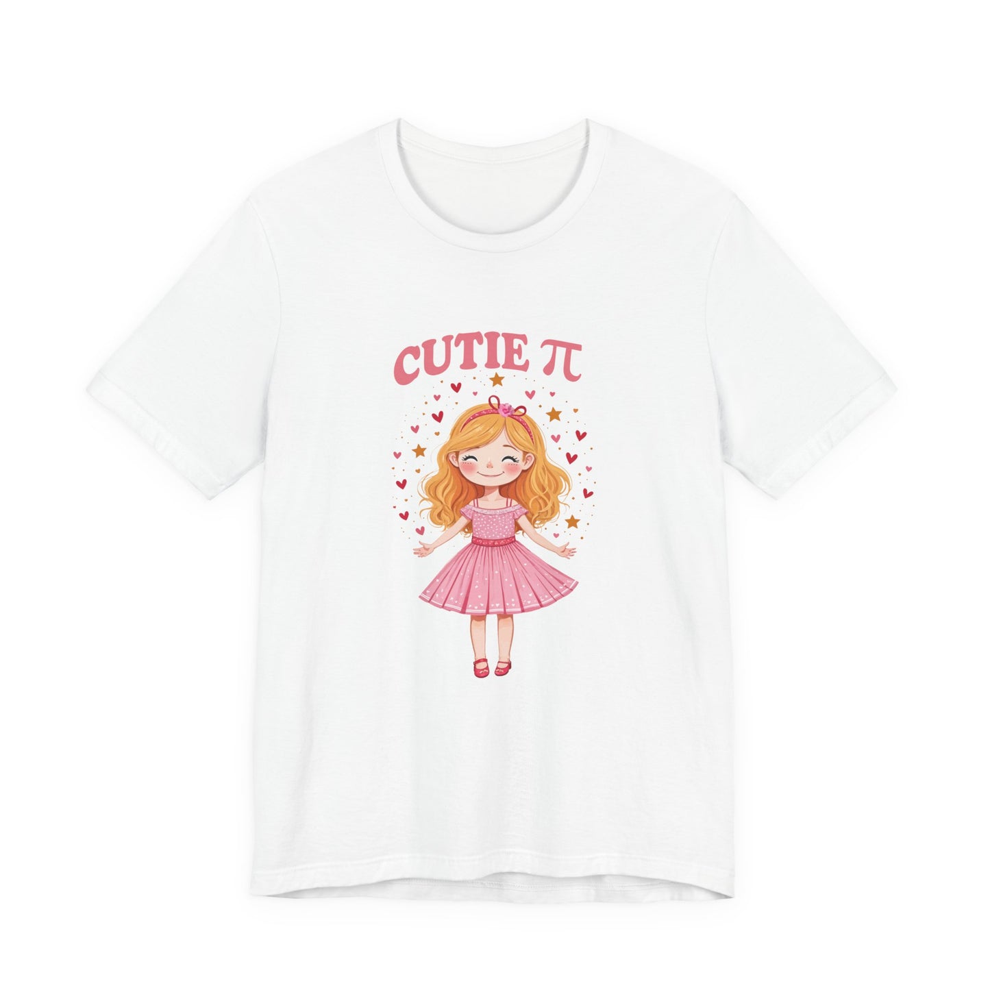 Cutie Pi Tshirt – Happy Girl with Pi Symbol, Hearts, and Stars Graphic