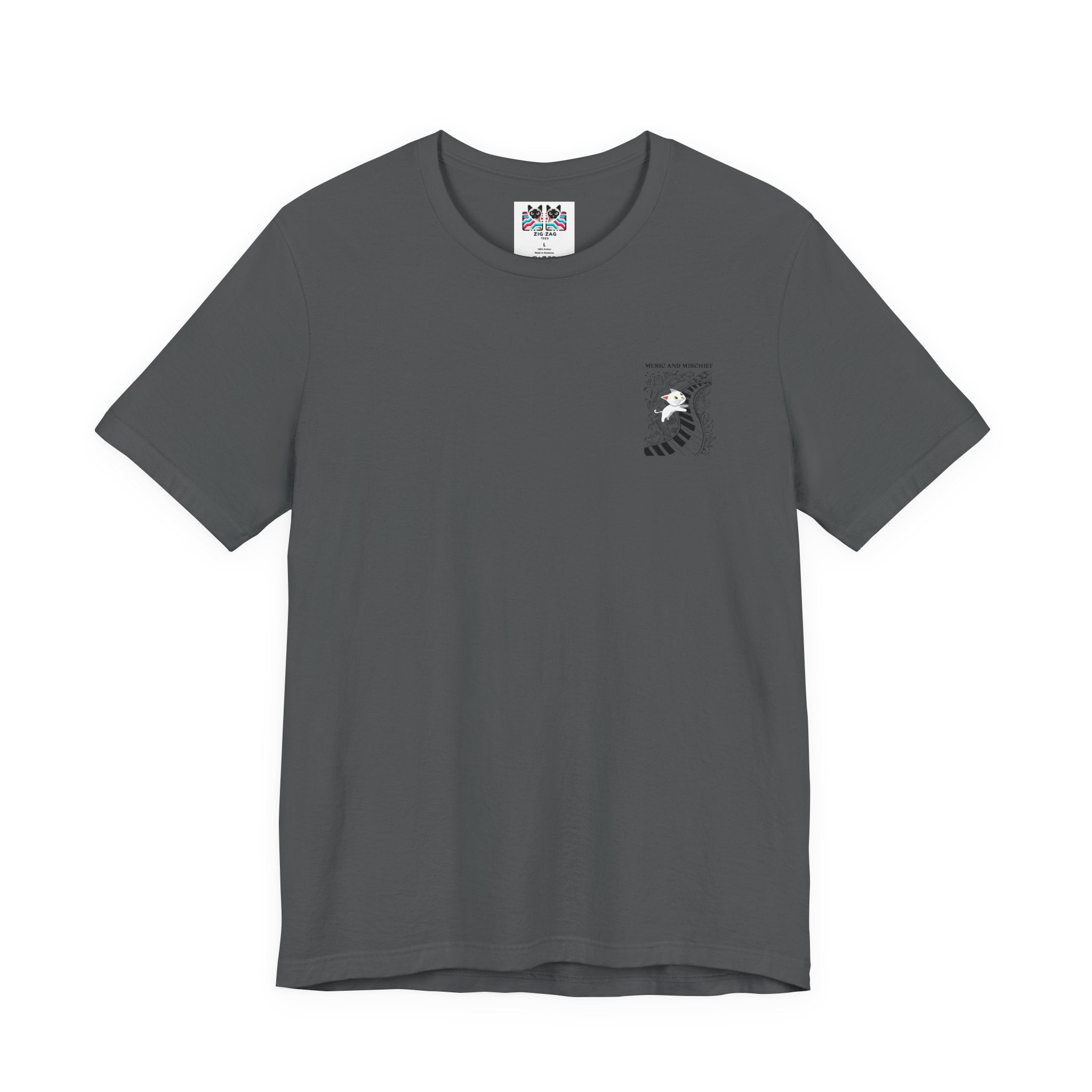Music and Mischief T-Shirt – Piano and Playful Cat Graphic