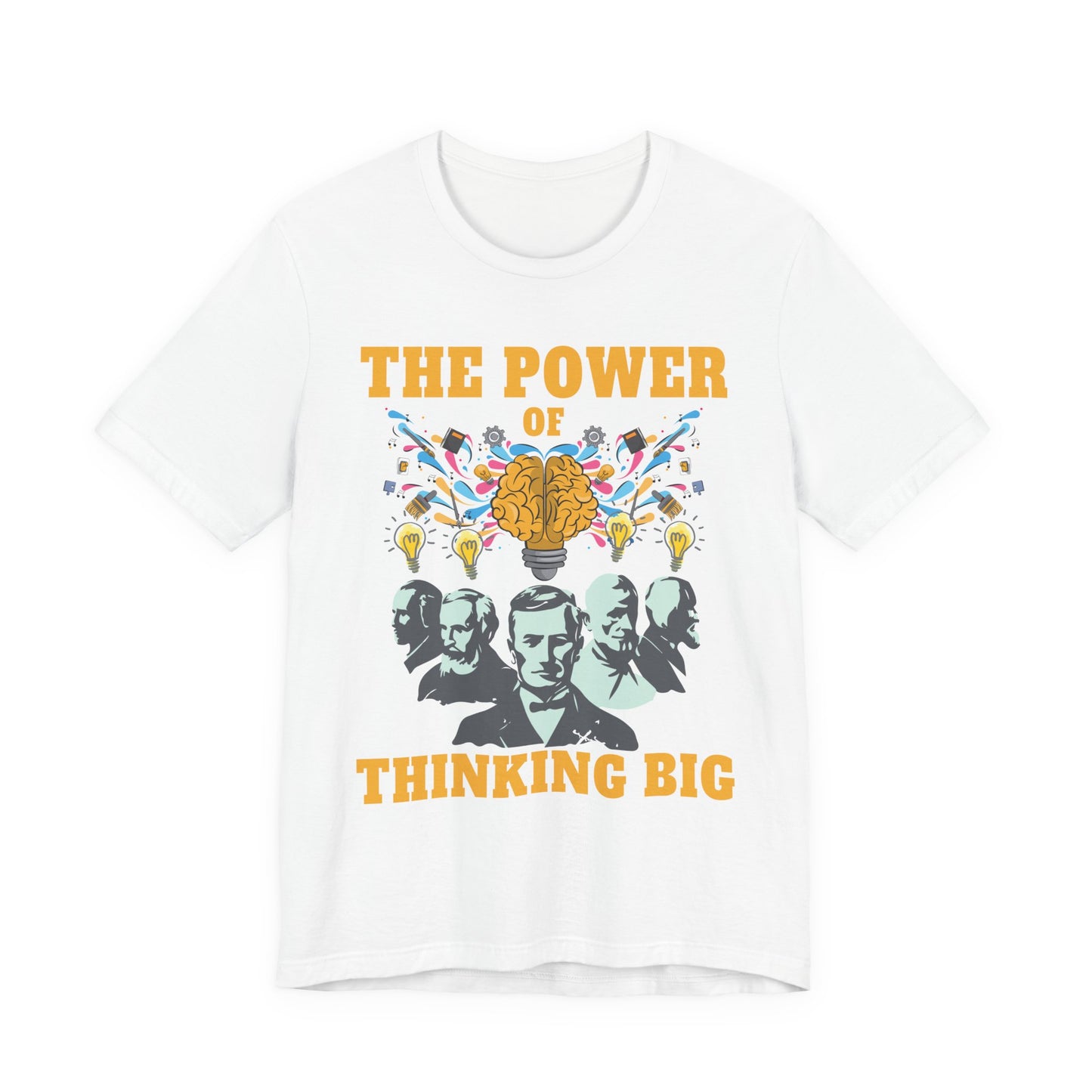 The Power of Thinking Big Tshirt – Brain with Great Scientists and Glowing Bulb Graphic