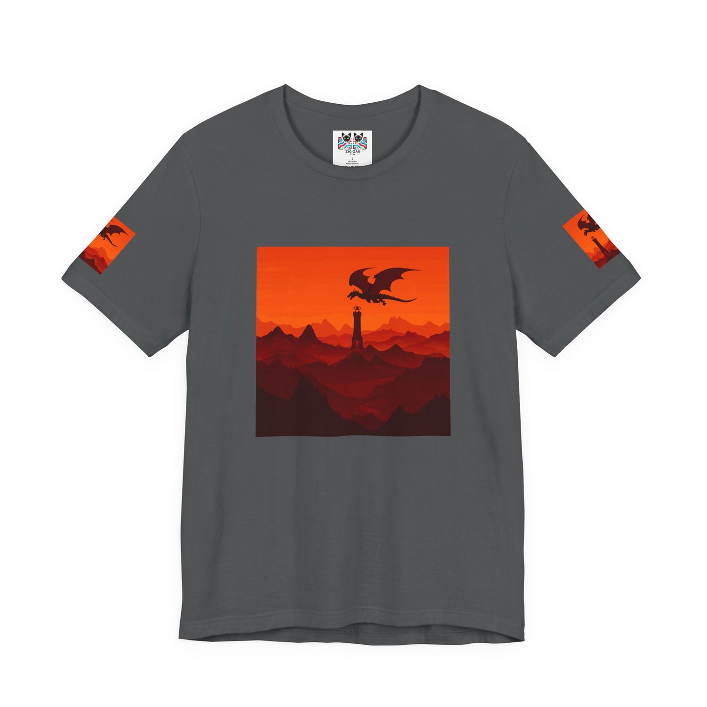 Dragon Sunset T-Shirt – Silhouette Flying Dragon Mountain Landscape Fantasy Graphic Tee