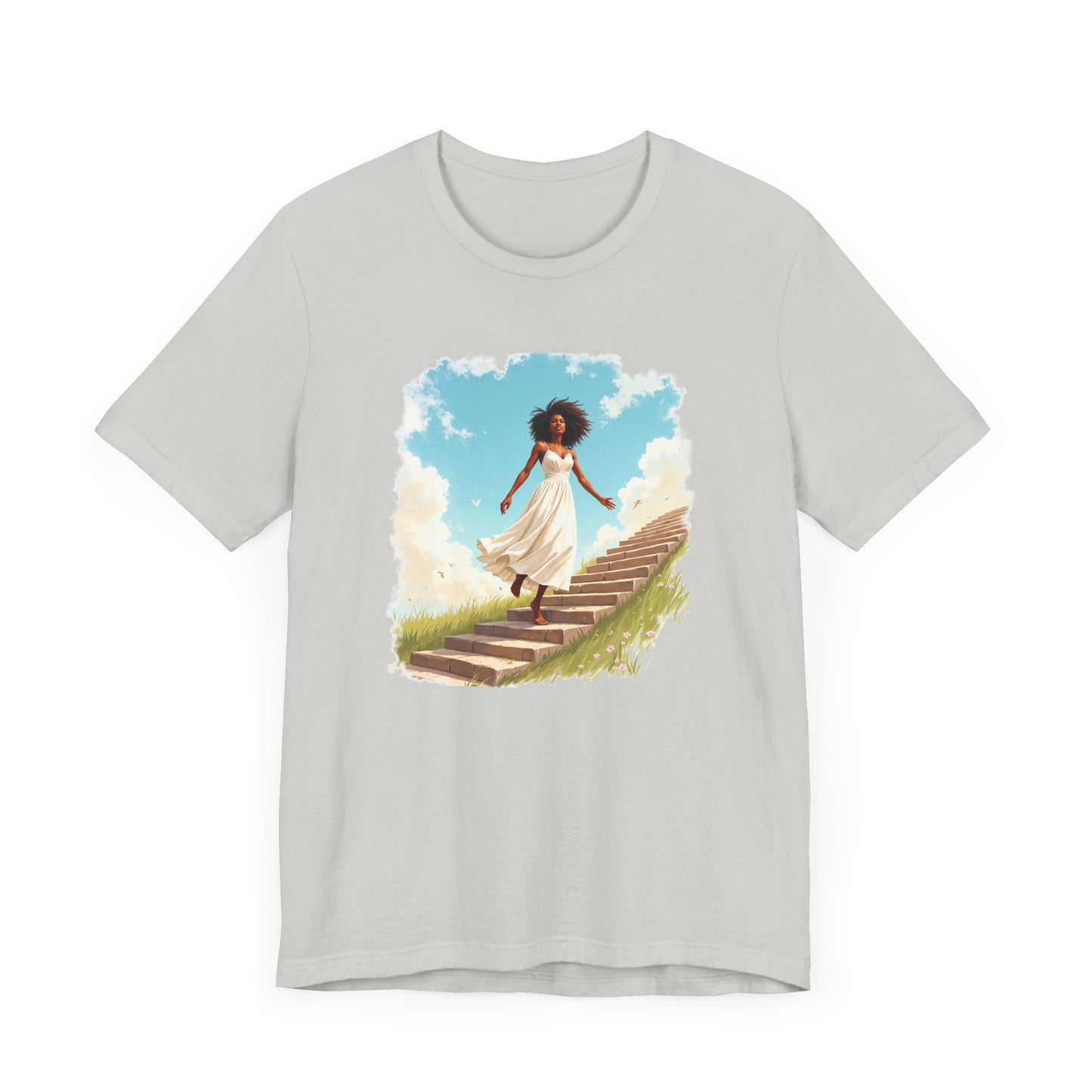 Graceful Woman in White Dress Walking on Stairs – Blue Sky & Green Ground Graphic T-Shirt
