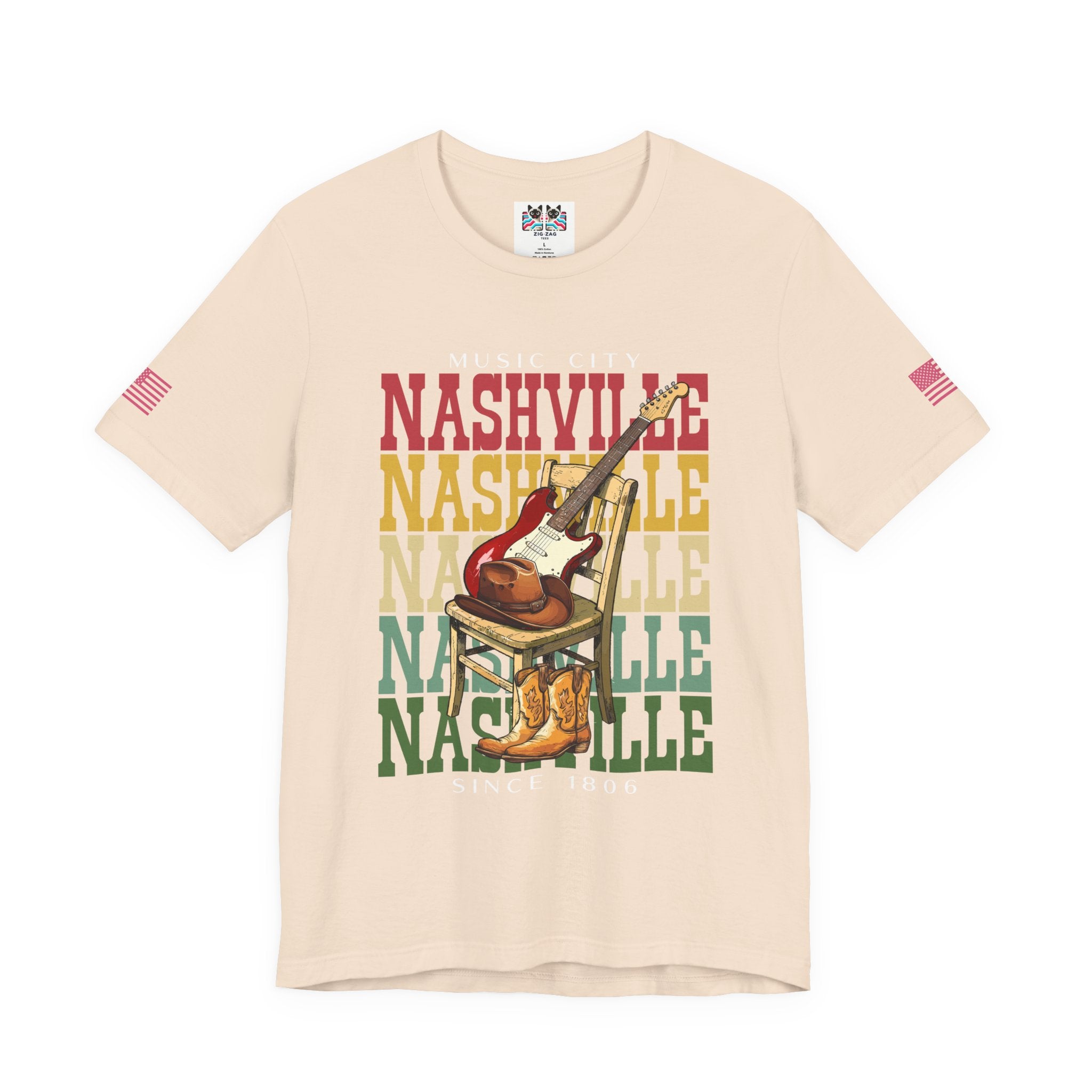 Music City Nashville T-Shirt – Stacked Repeat Typography Electric Guitar Cowboy Hat & Boots Graphic Tee Since 1806