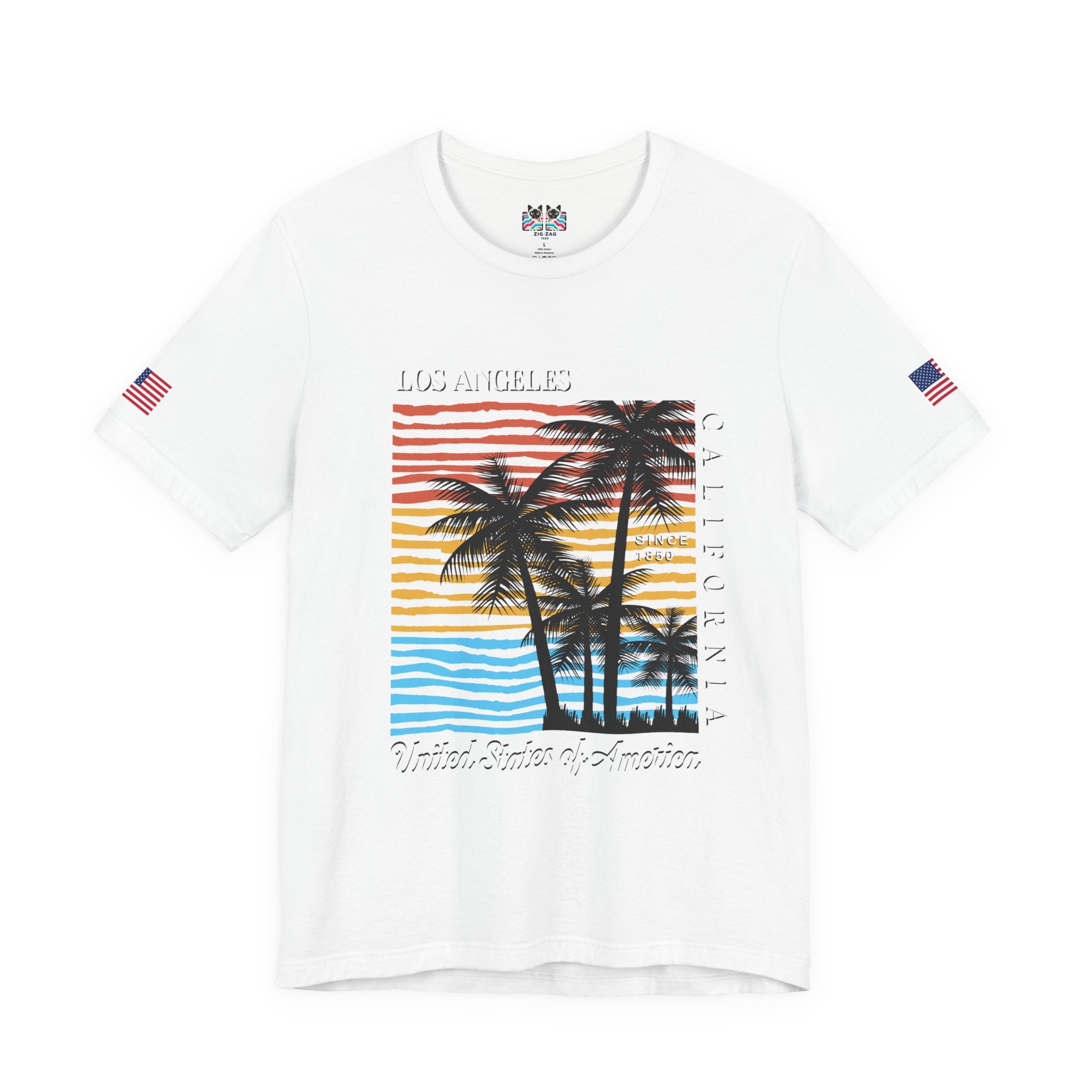 Los Angeles California Since 1850 T-Shirt – Colorful Striped Sunset Palm Tree USA Tee