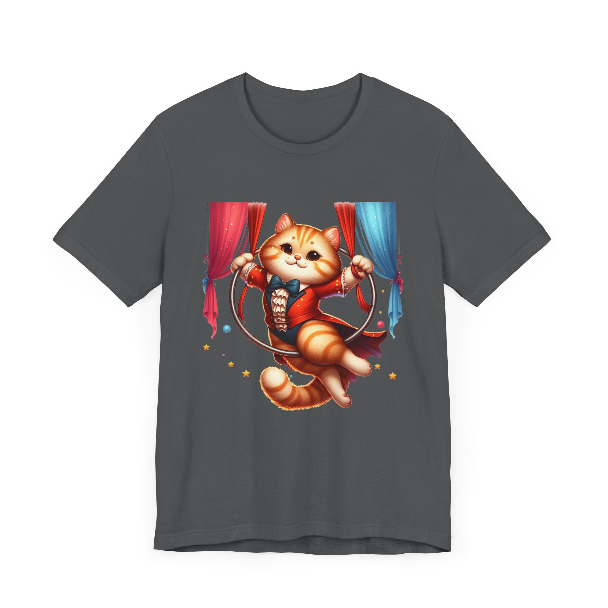 Circus Aerialist Cat Shirt, Funny Trapeze Performer Tee, Acrobatic Pet Graphic T Shirt, Quirky Performer Humor Apparel, Flying Cat Top