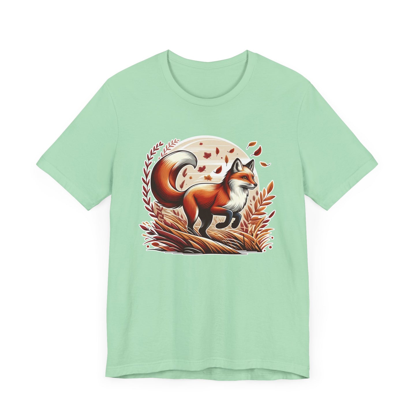 Grace and Agility - Elegant Fox Leaping in Grain Field with Flying Leaves Graphic T-Shirt