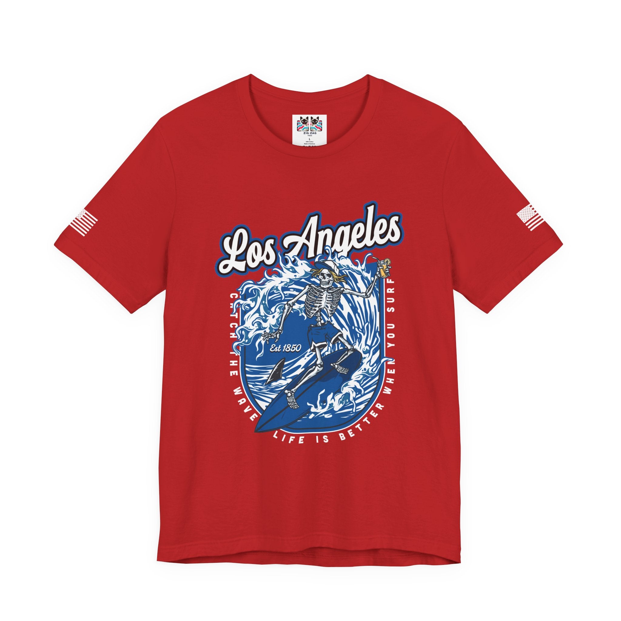 Los Angeles Skeleton Surfer T-Shirt – Life Is Better When You Surf CA EST 1850 Tee
