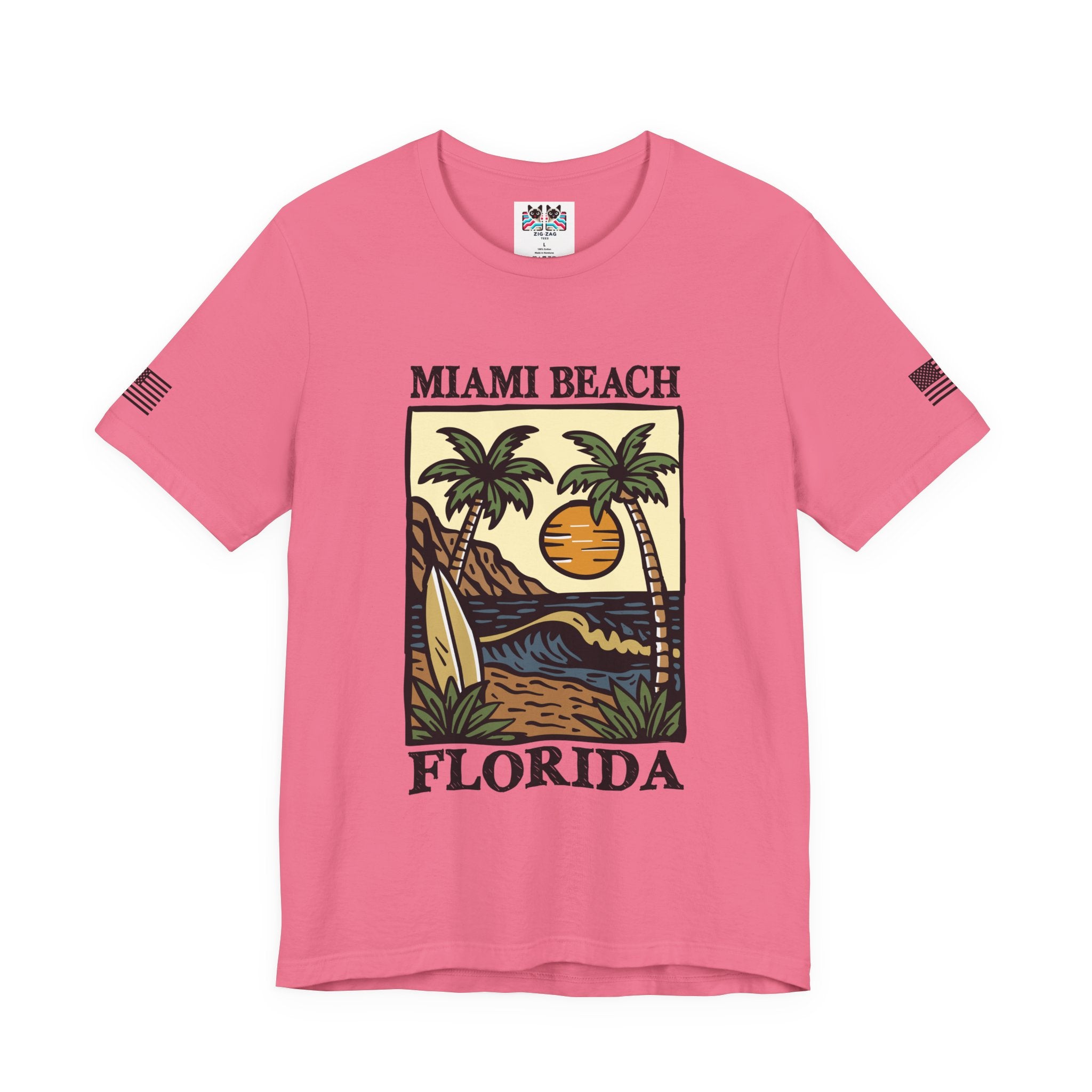 Miami Beach Florida T-Shirt – Illustrated Surfboard Palm Tree Sunset Beach Scene Tee