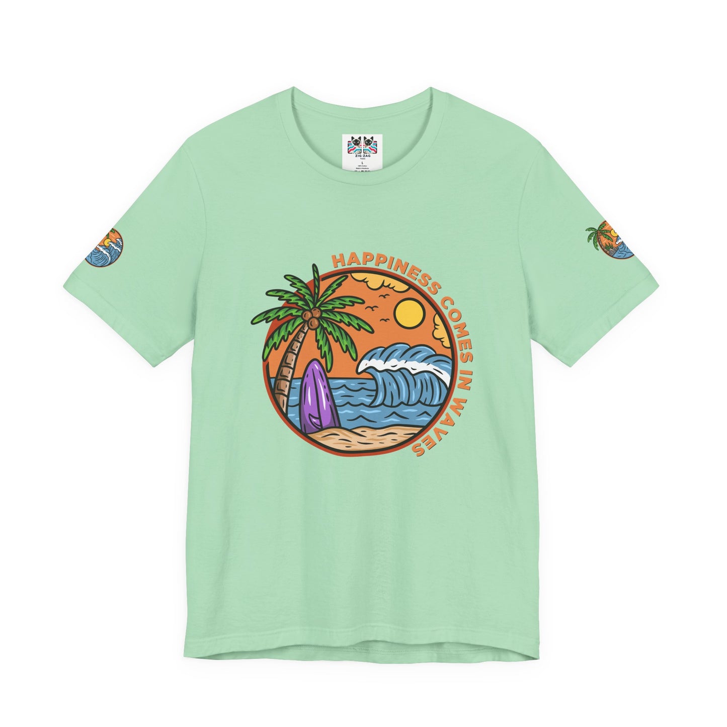 Happiness Comes in Waves T-Shirt – Beach Surf Palm Tree Ocean Graphic Tee