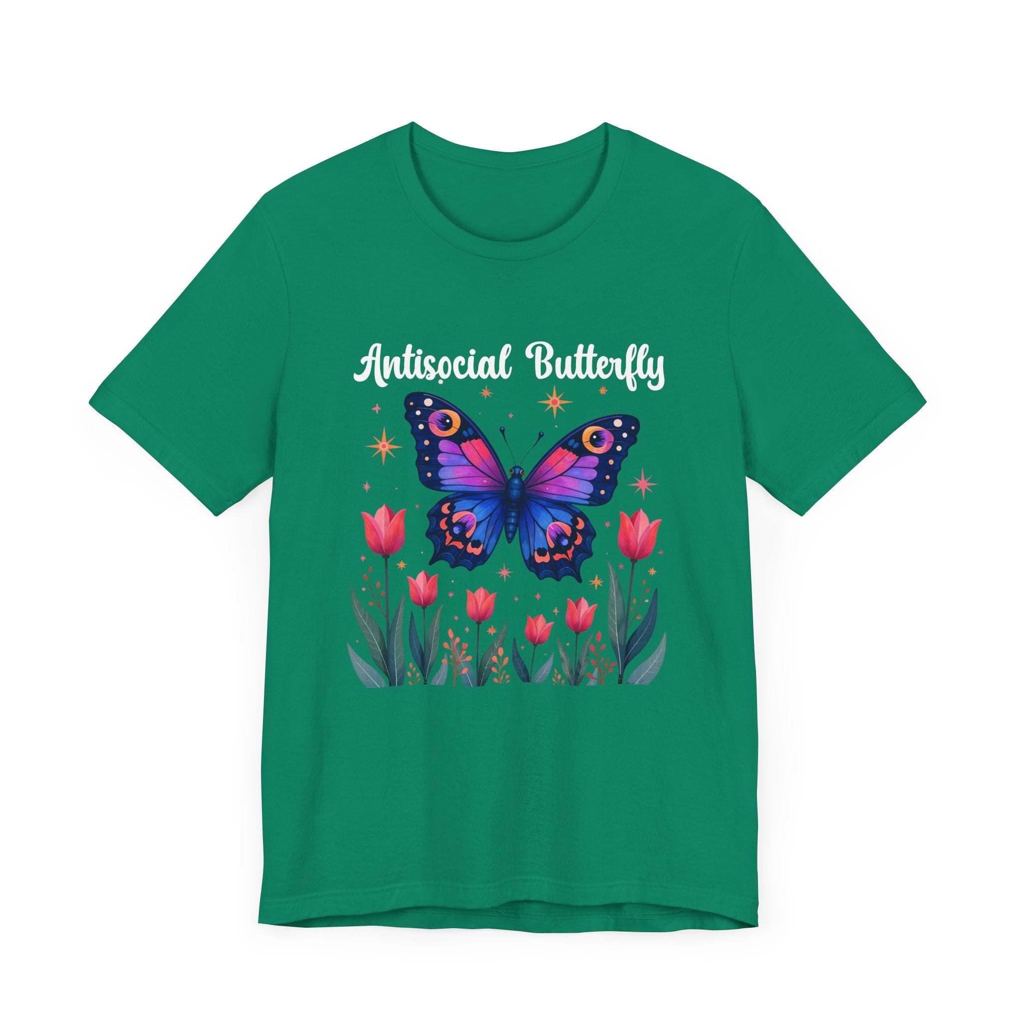 Antisocial Butterfly – Large Butterfly Above Flower Plants Graphic T-Shirt
