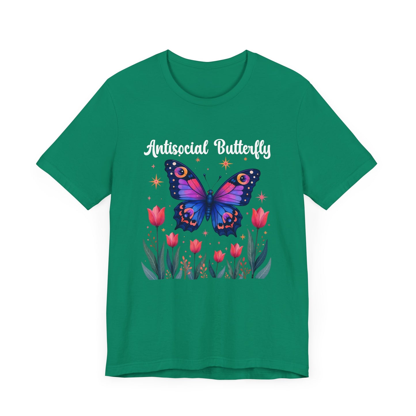 Antisocial Butterfly – Large Butterfly Above Flower Plants Graphic T-Shirt