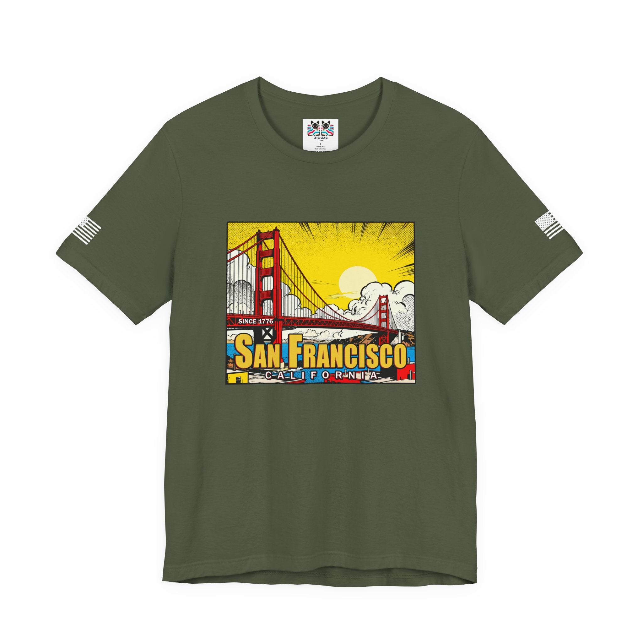 San Francisco California Comic Style T-Shirt – Golden Gate Bridge Pop Art Graphic Tee Since 1776