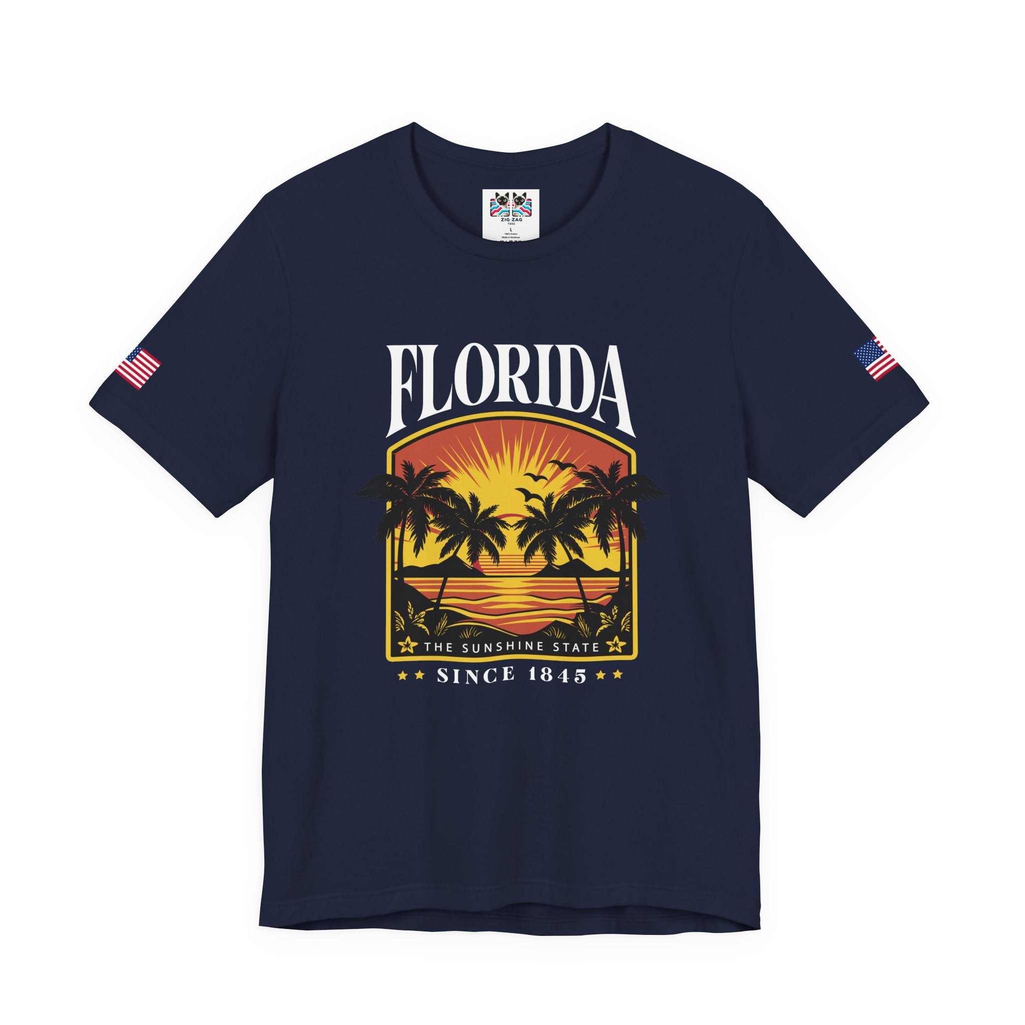 Florida The Sunshine State Since 1845 T-Shirt – Retro Badge Palm Tree Sunset Graphic Tee