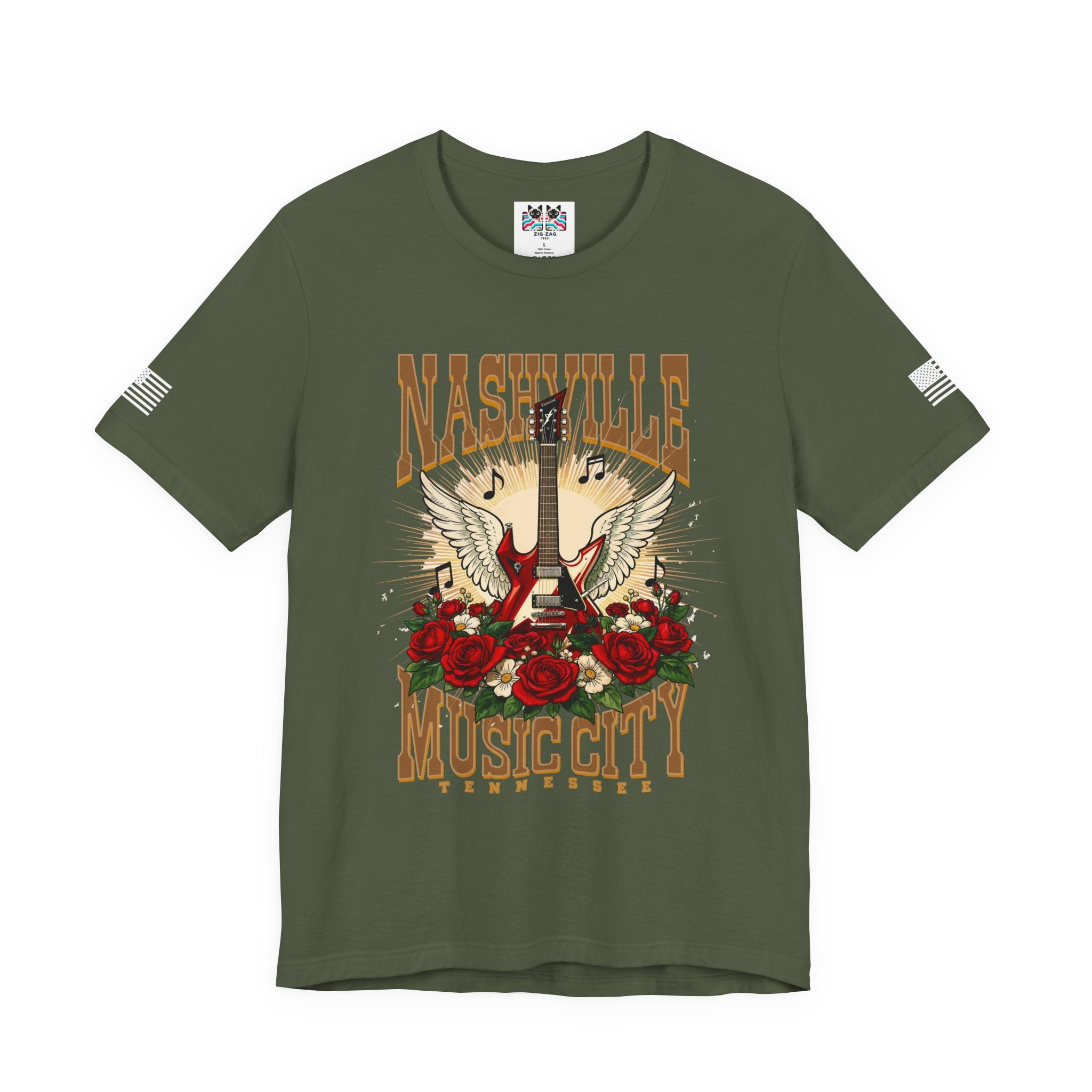 Nashville Music City Tennessee T-Shirt – Winged Electric Guitar Rose Floral Graphic Tee
