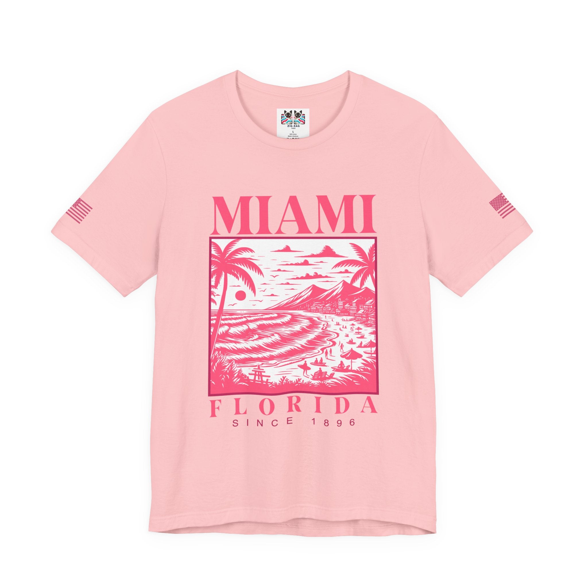Miami Florida Since 1896 T-Shirt – Engraving Style Beach Scene Palm Tree Graphic Tee