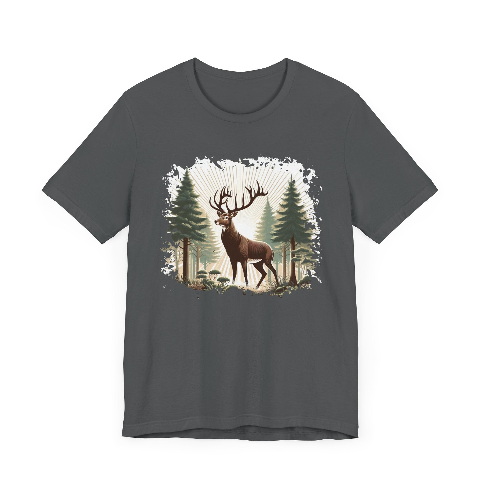Majestic Deer with Large Antlers | Sunlight Through Foggy Forest Graphic T-Shirt