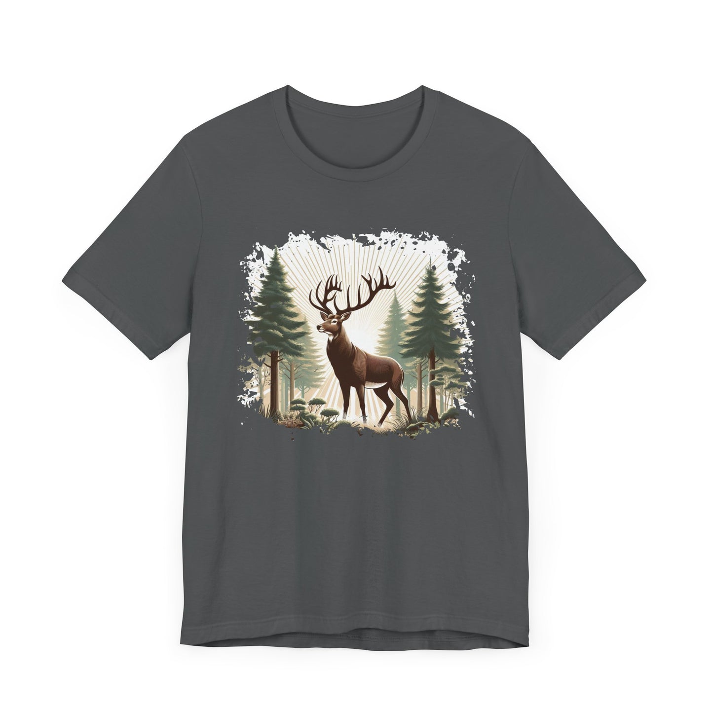 Majestic Deer with Large Antlers | Sunlight Through Foggy Forest Graphic T-Shirt