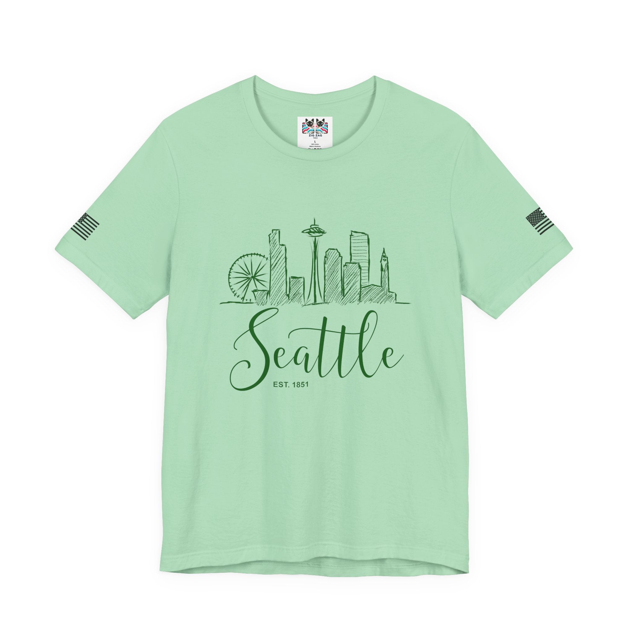 Seattle EST 1851 Hand-Drawn Sketch Skyline Script T-Shirt | Seattle Souvenir Tee | Space Needle Great Wheel Shirt