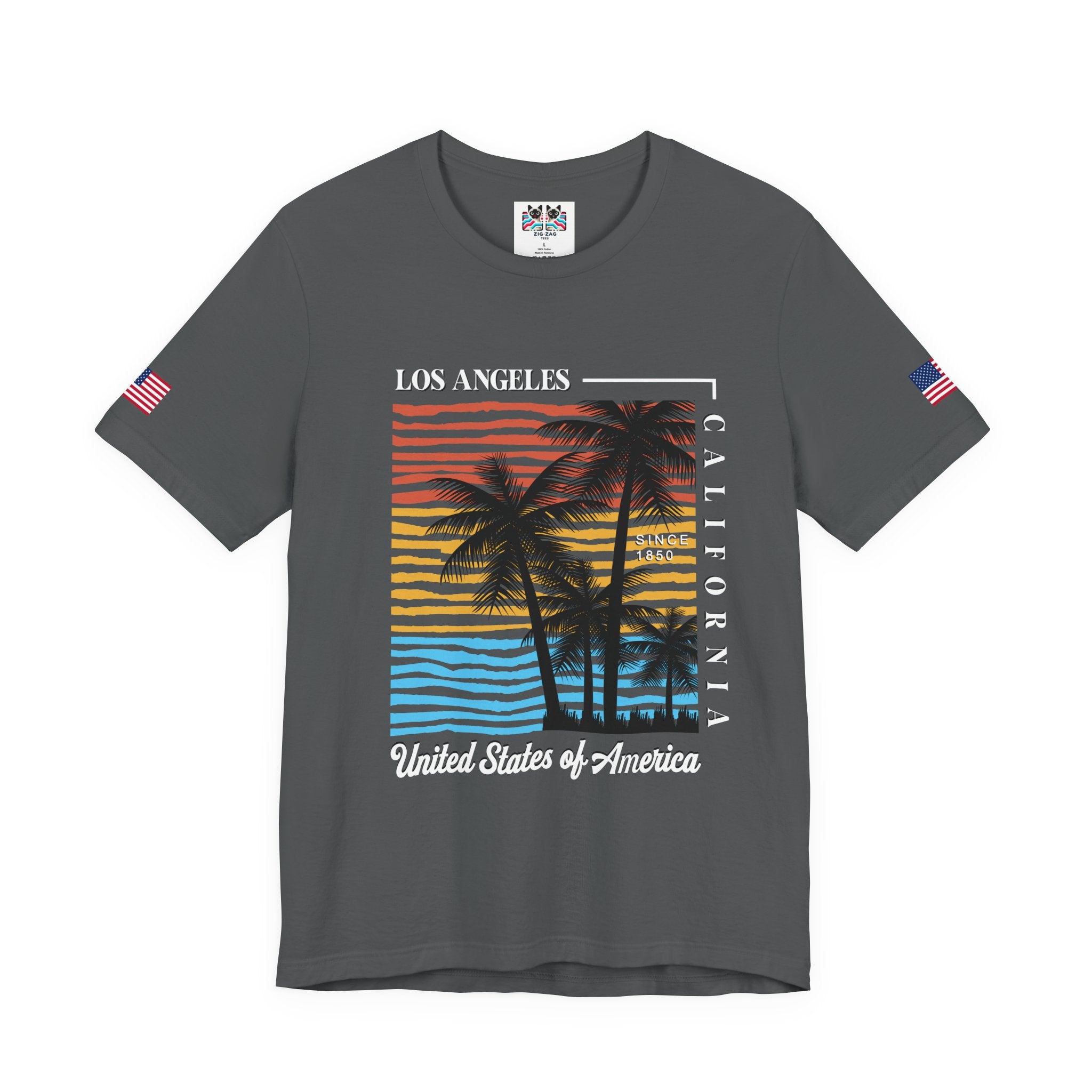 Los Angeles California Since 1850 T-Shirt – Colorful Striped Sunset Palm Tree USA Tee